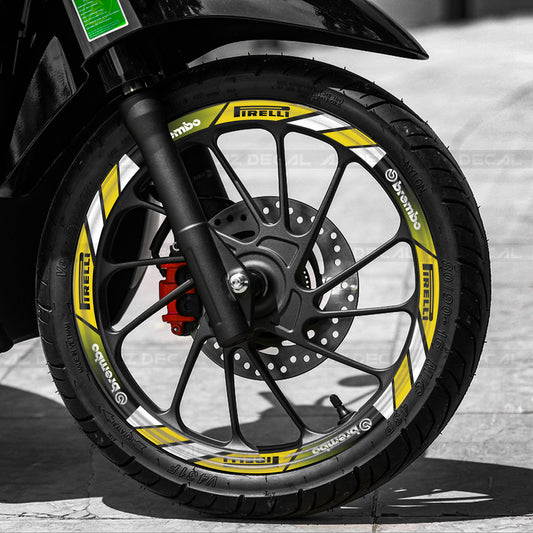 Hình thực tế tem dán vành bản to mẫu Brembo Pirelli màu vàng