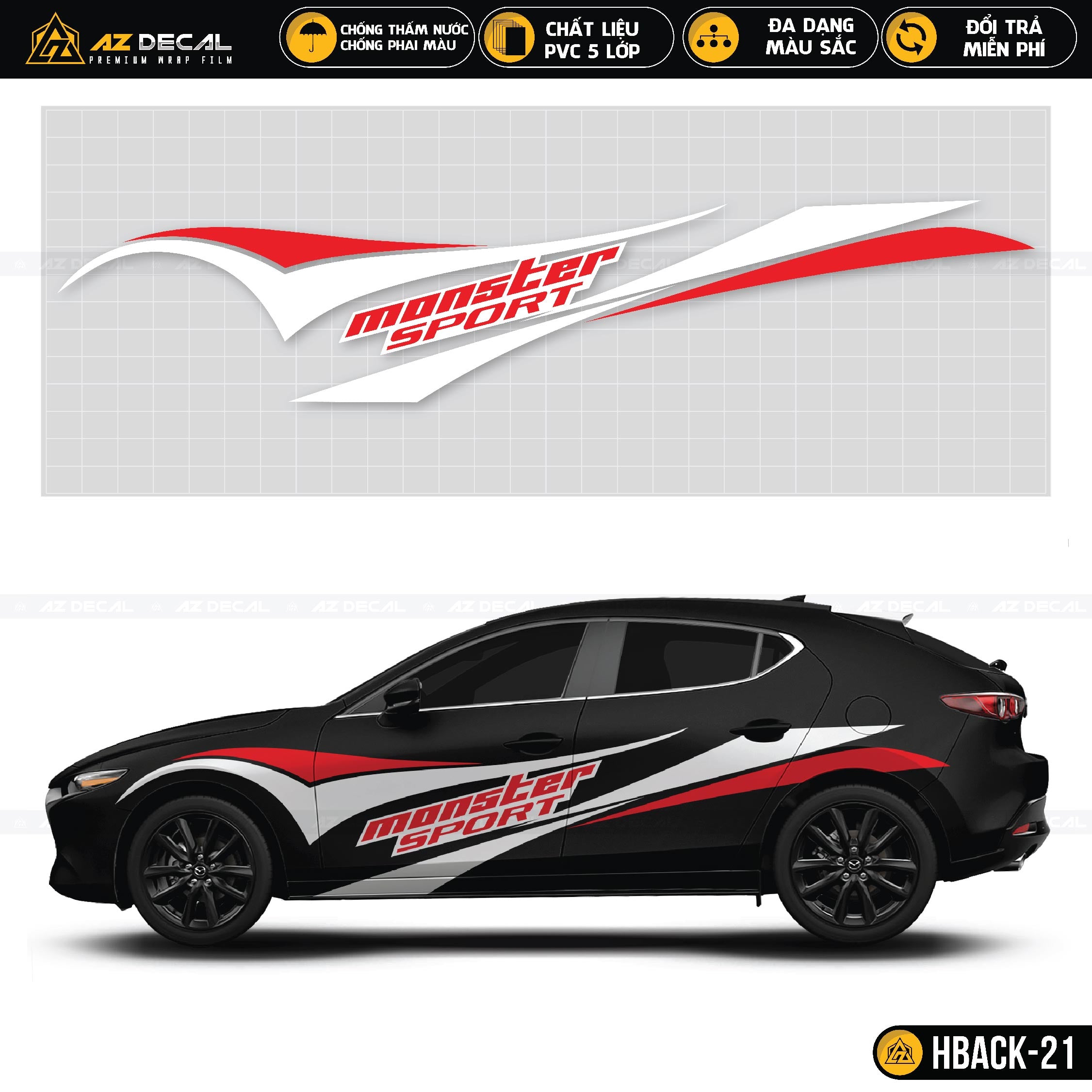 Decal dán xe ô tô Hatch hình Monster Sport màu đỏ trắng cá tính