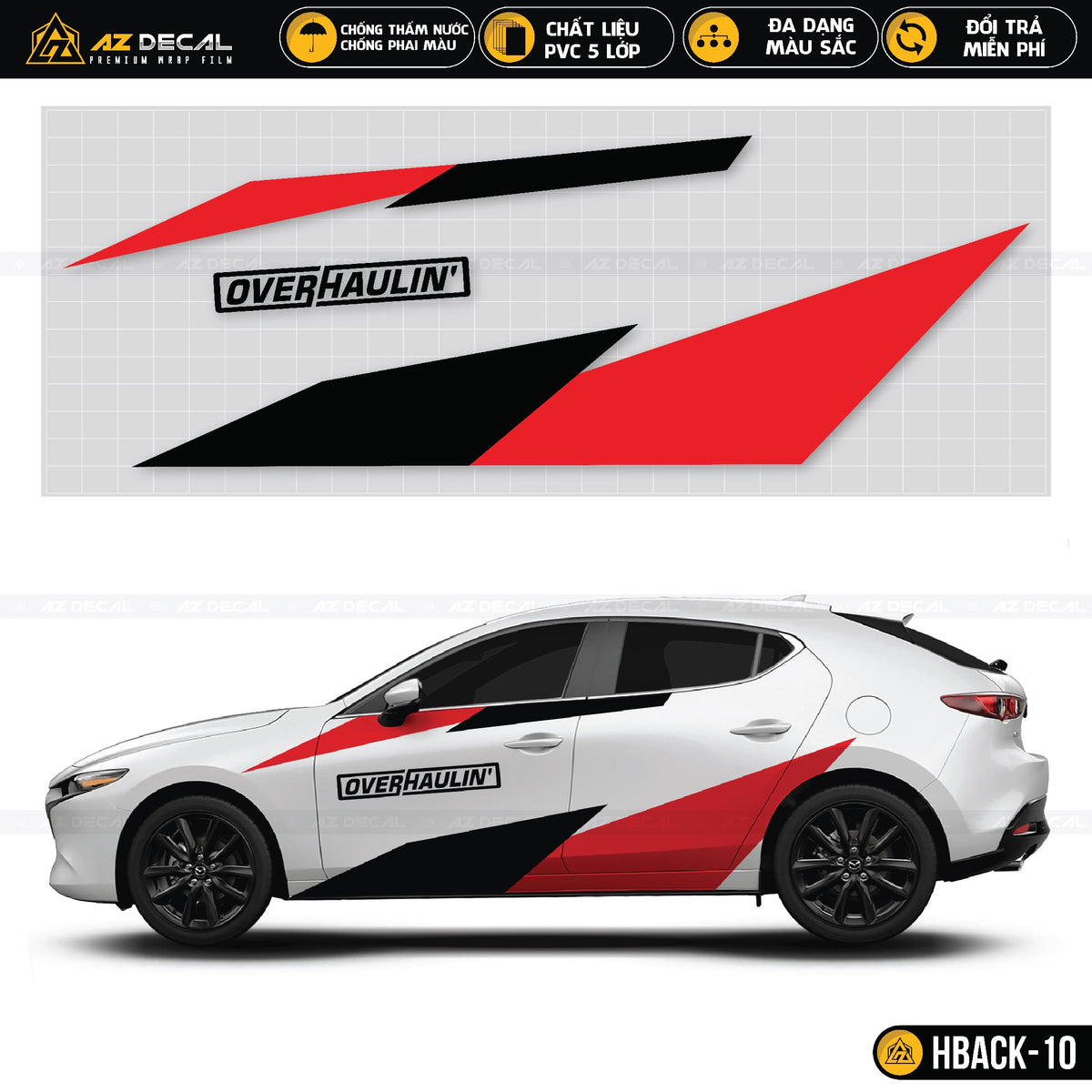 Decal OVERHAULIN đỏ đen dán sườn xe Hatchback