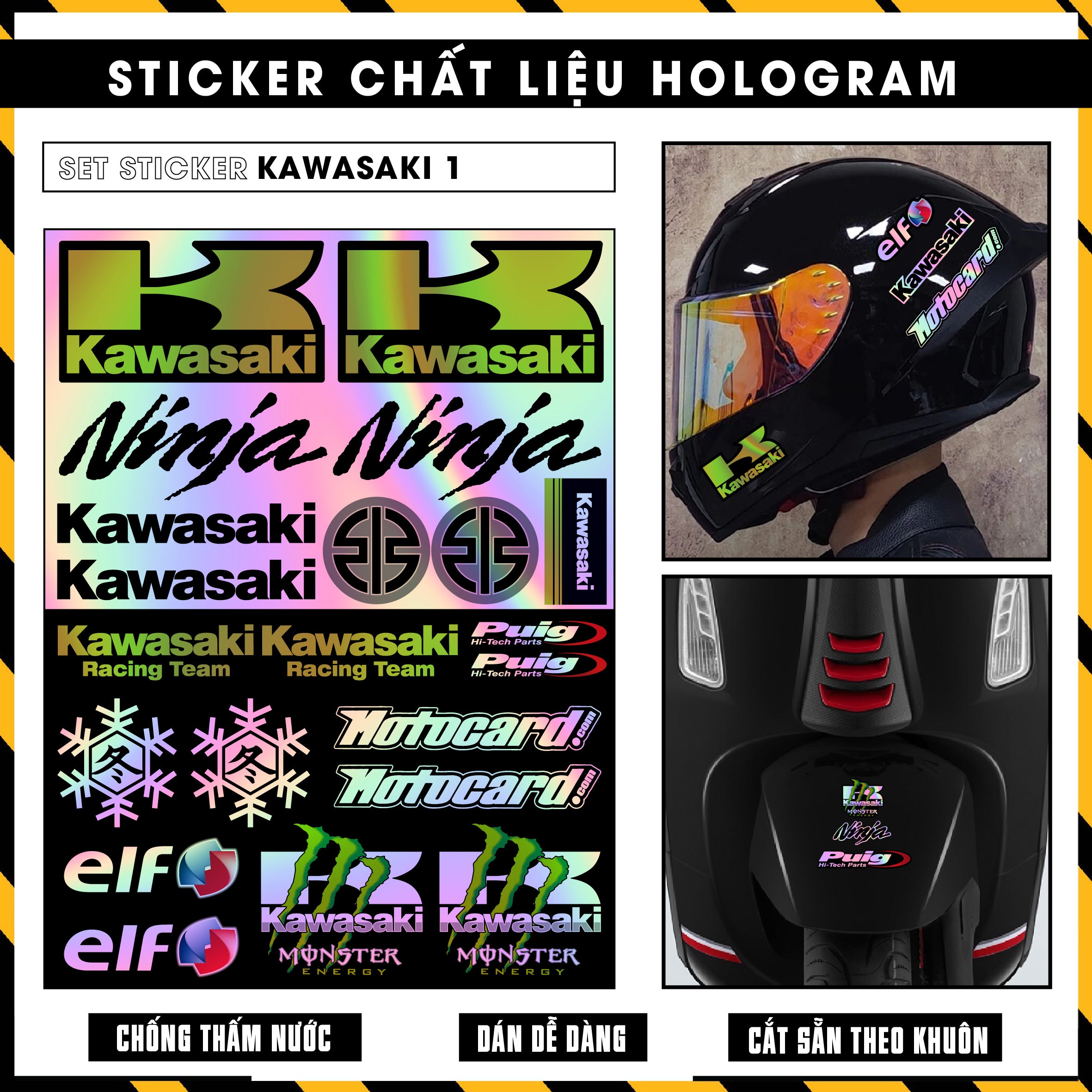 Sticker Dán Ô Tô, Xe Máy, Xe Điện, Xe Đạp, Mũ Bảo Hiểm | Hãng Xe Hologram - Kawasaki
