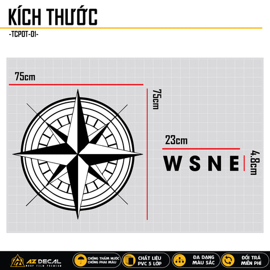 Kích thước mẫu tem dán nắp capo xe ô tô phong cách La Bàn