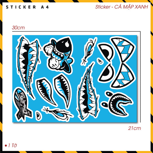 Sticker Dán Ô Tô, Xe Máy, Xe Điện, Xe Đạp, Mũ Bảo Hiểm | SET Trang Trí CÁ MẬP XANH