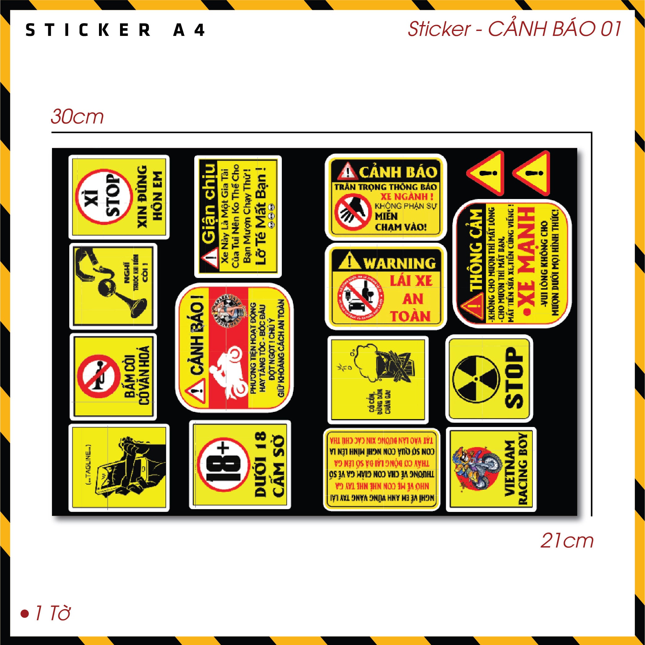 Sticker Dán Ô Tô, Xe Máy, Xe Điện, Xe Đạp, Mũ Bảo Hiểm | SET CẢNH BÁO 01