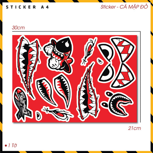 Sticker Dán Ô Tô, Xe Máy, Xe Điện, Xe Đạp, Mũ Bảo Hiểm | SET CÁ MẬP ĐỎ