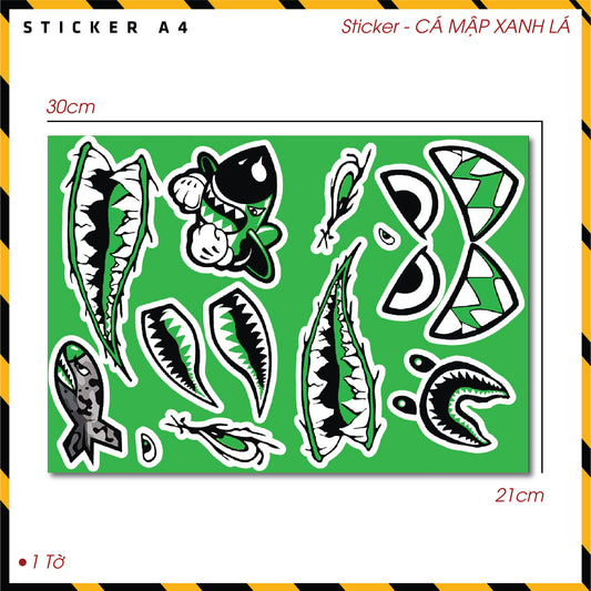 Sticker Dán Ô Tô, Xe Máy, Xe Điện, Xe Đạp, Mũ Bảo Hiểm | SET Trang Trí CÁ MẬP XANH LÁ