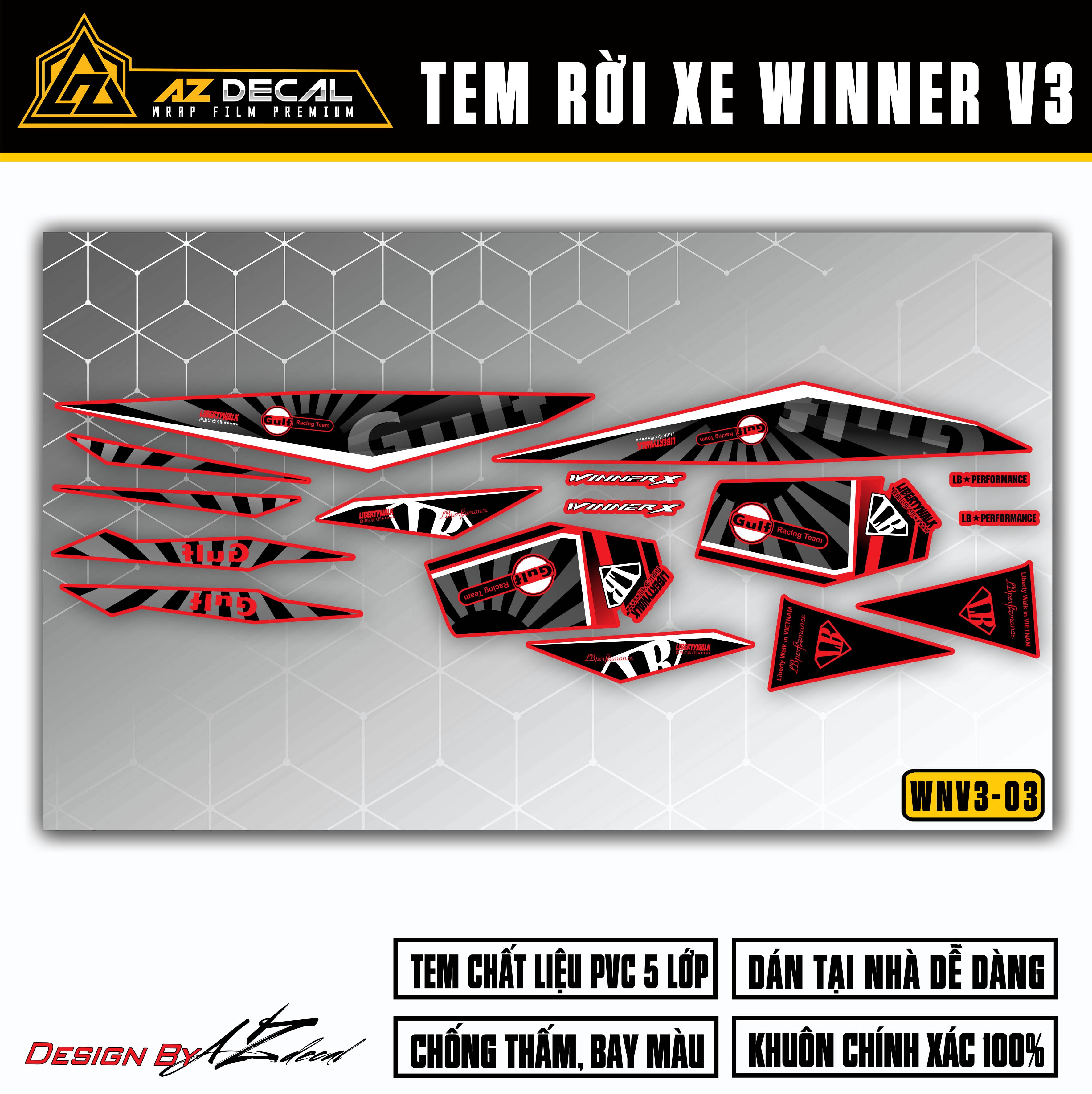 Chi tiết mẫu decal rời Winner X 2022 - Winner v3 trắng đen (nền đỏ)