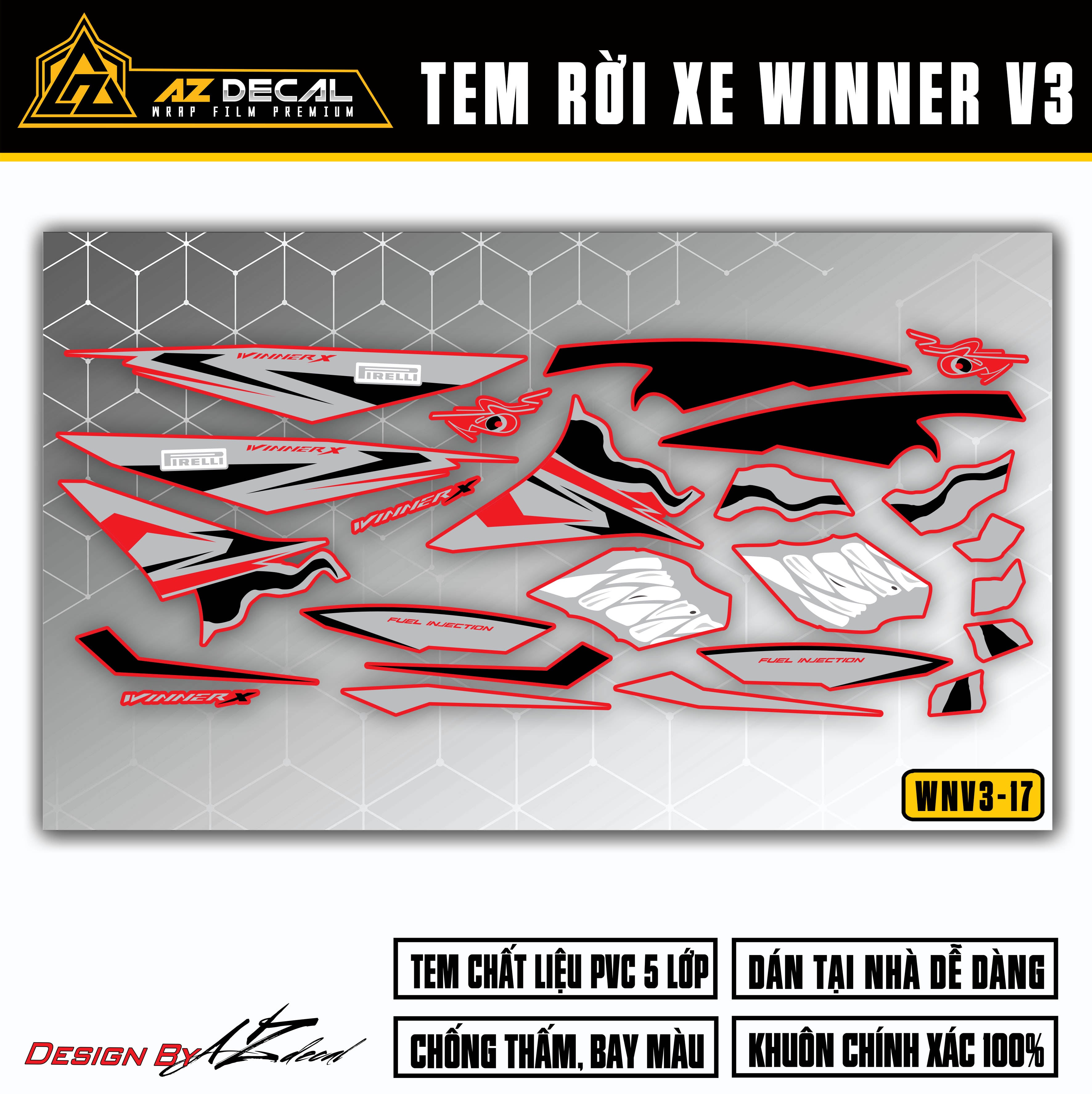 Decal dán Winner v3 màu đen trắng (nền đỏ)