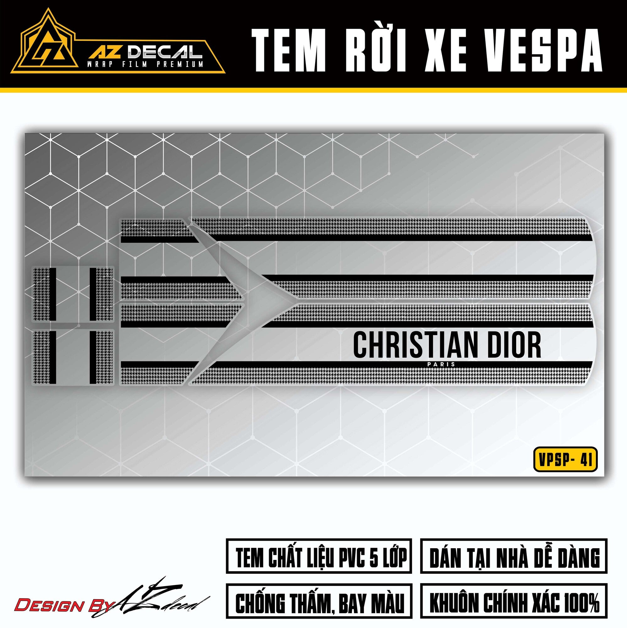 Chi tiết mẫu tem xe Vespa Christian Dior đen (Nền trong)