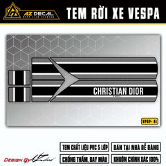 Chi tiết mẫu tem xe Vespa Christian Dior trắng (nền đen)