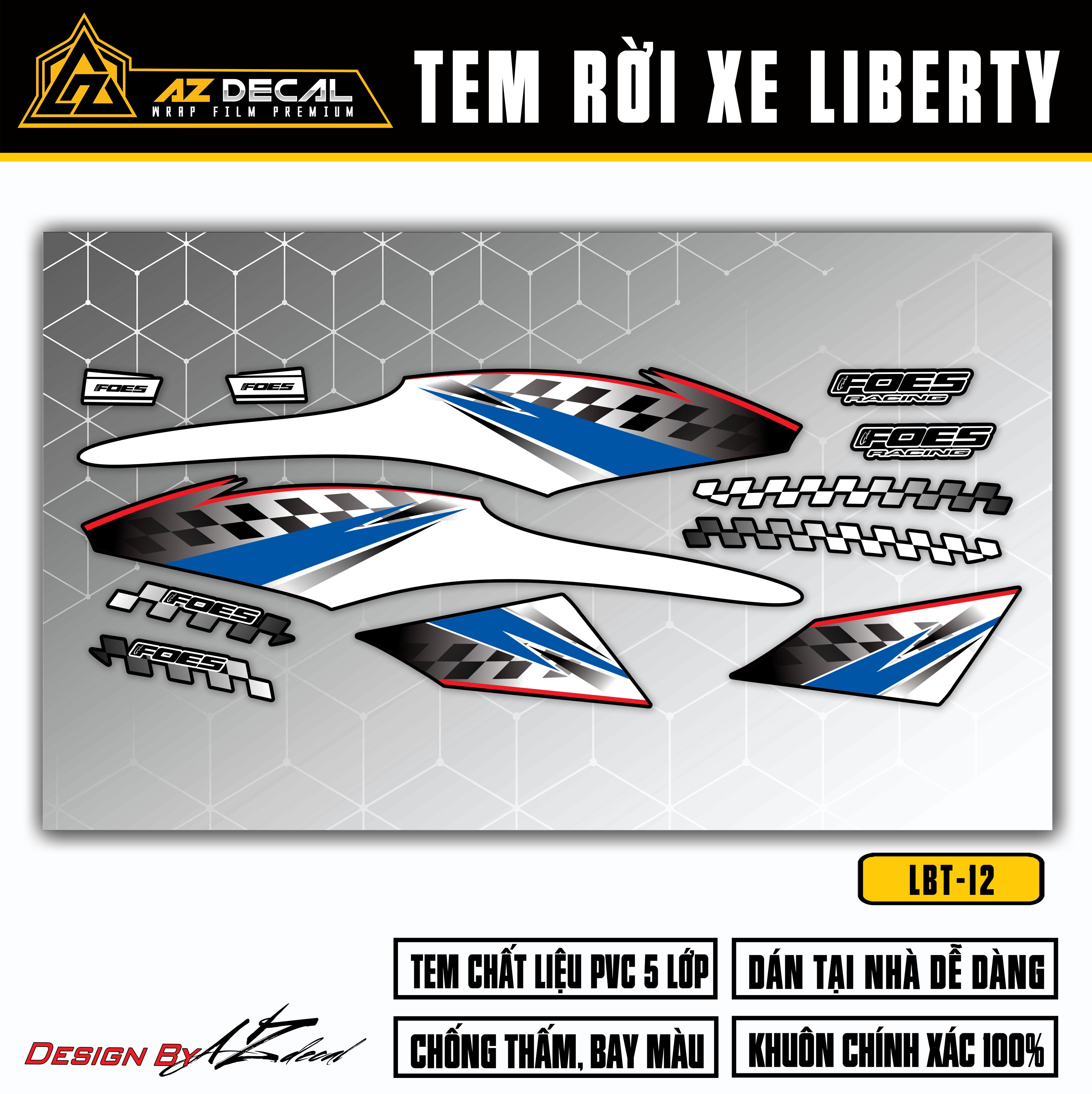 Tem xe Liberty mẫu Foes Racing trắng xanh (nền đen)