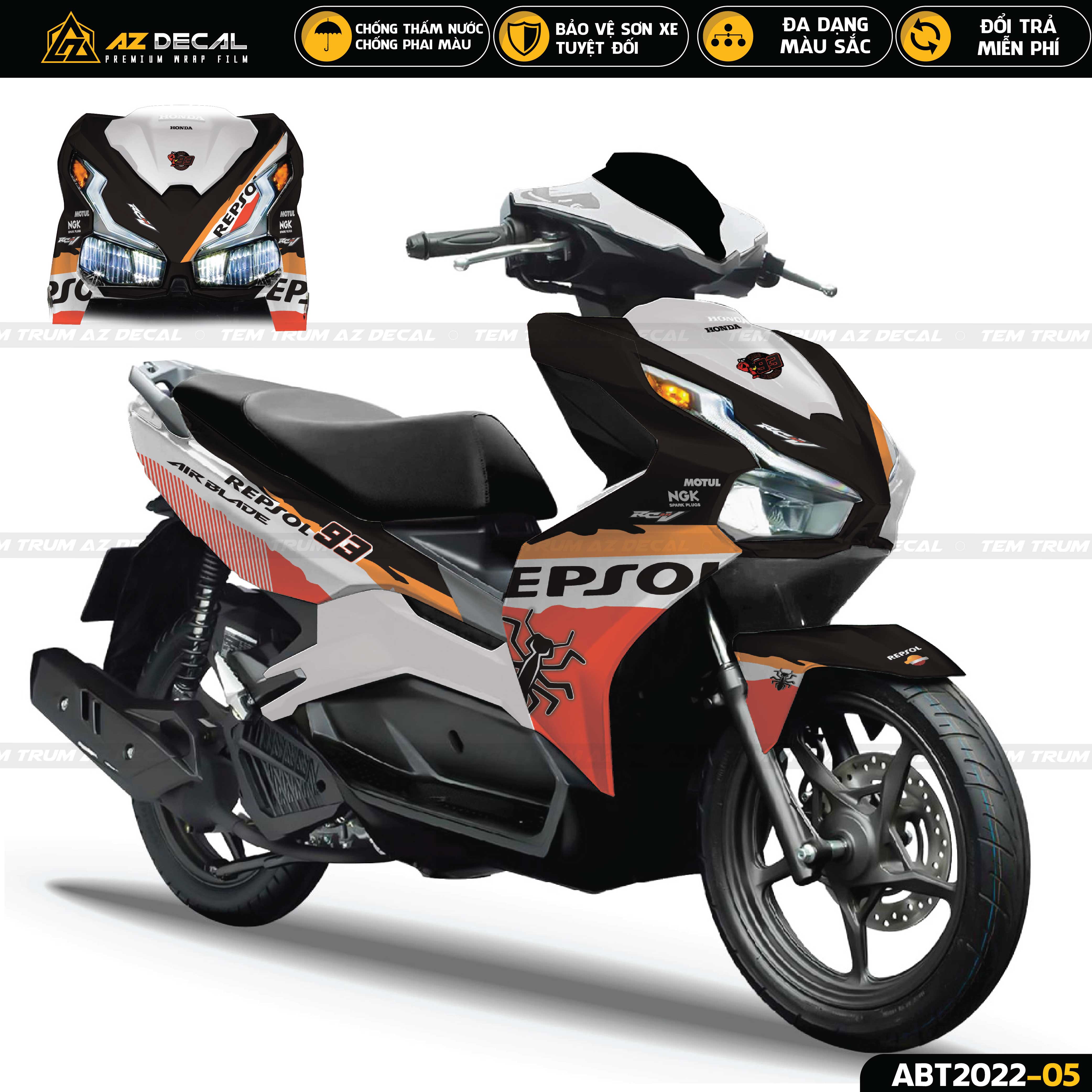 Mẫu decal dán xe AB 2020 2021 2022 Repsol trắng cam