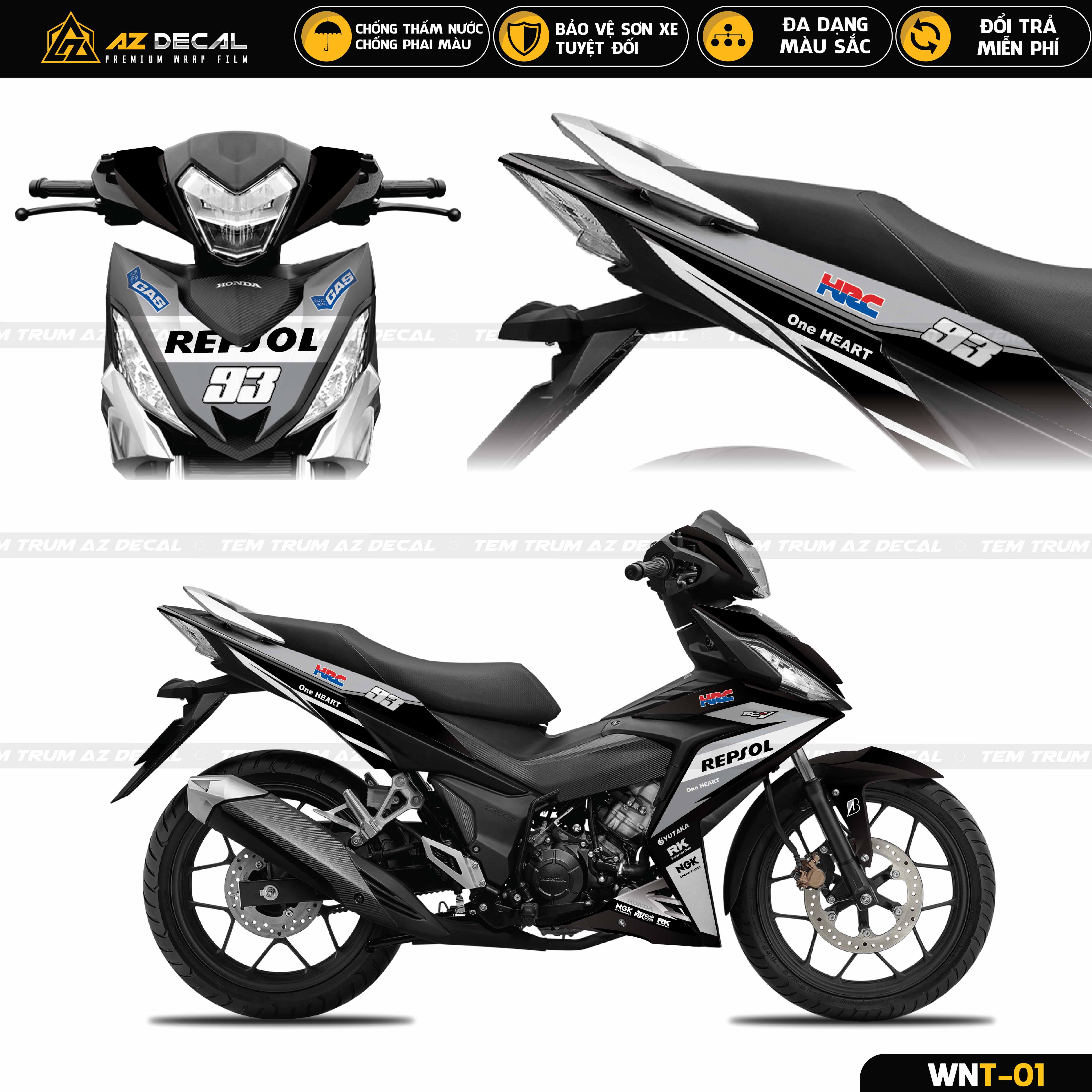 Decal dán trùm xe Honda Winner V1 mẫu Repsol xám đen