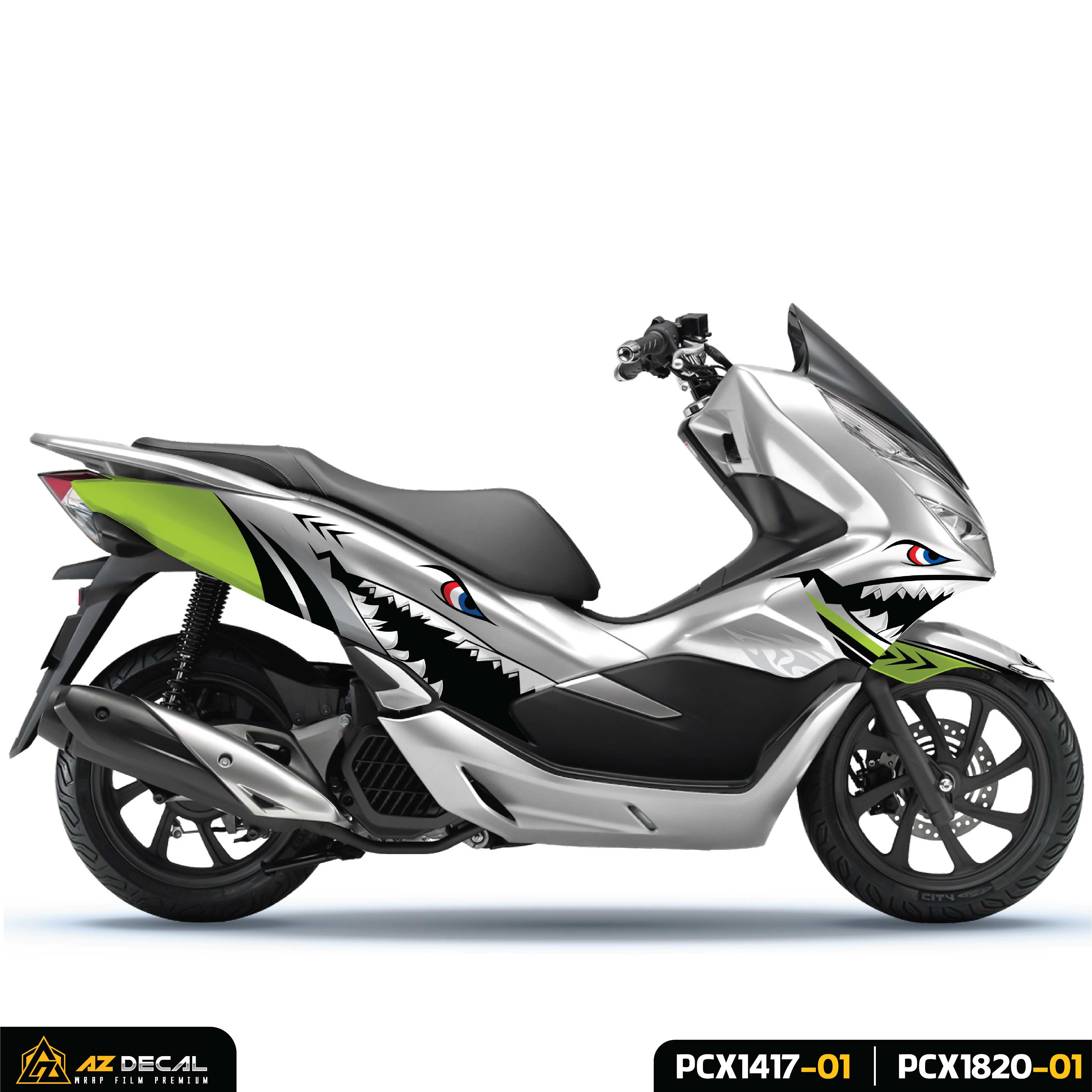 Tem xe Honda PCX mẫu cá mập dán xe trắng