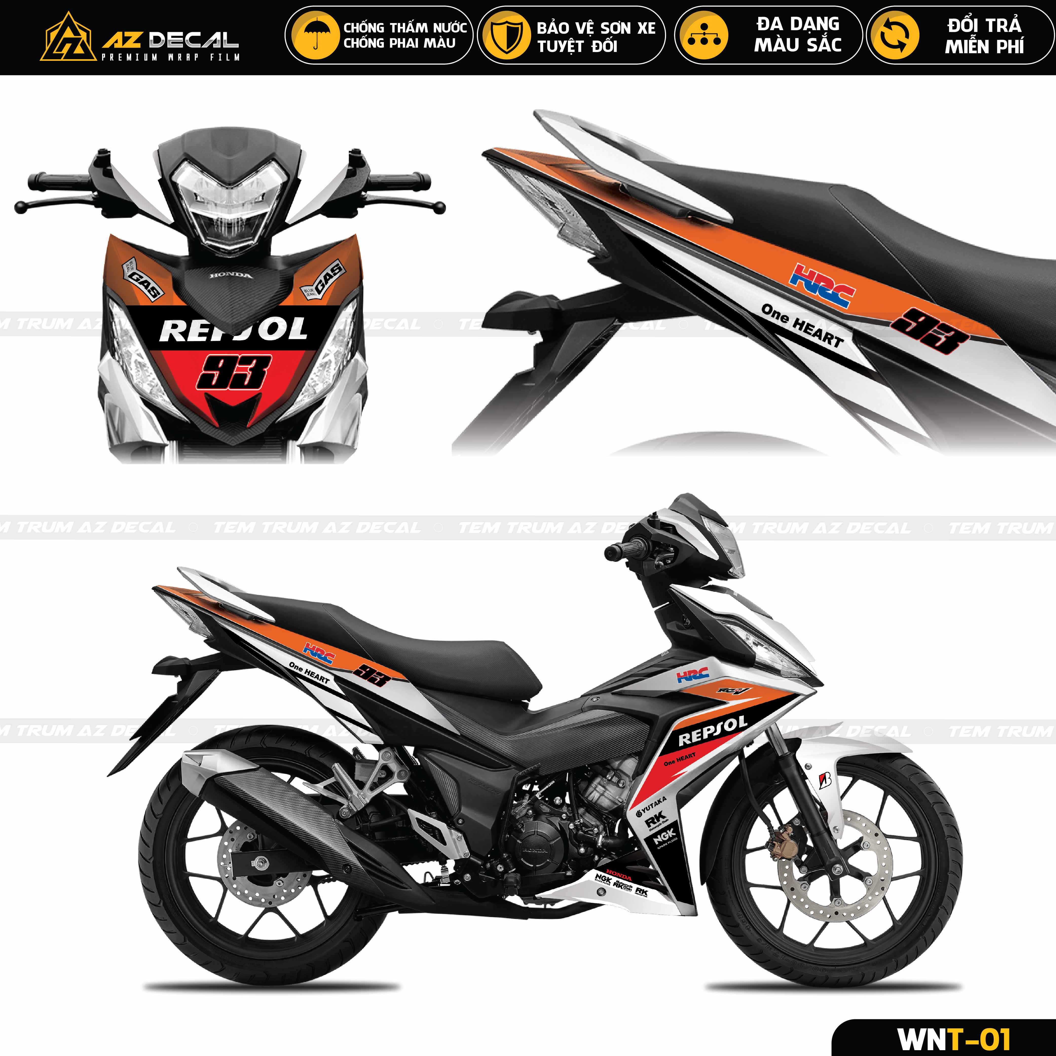 Tem chế Winner 150 V1 mẫu Repsol trắng đen cam