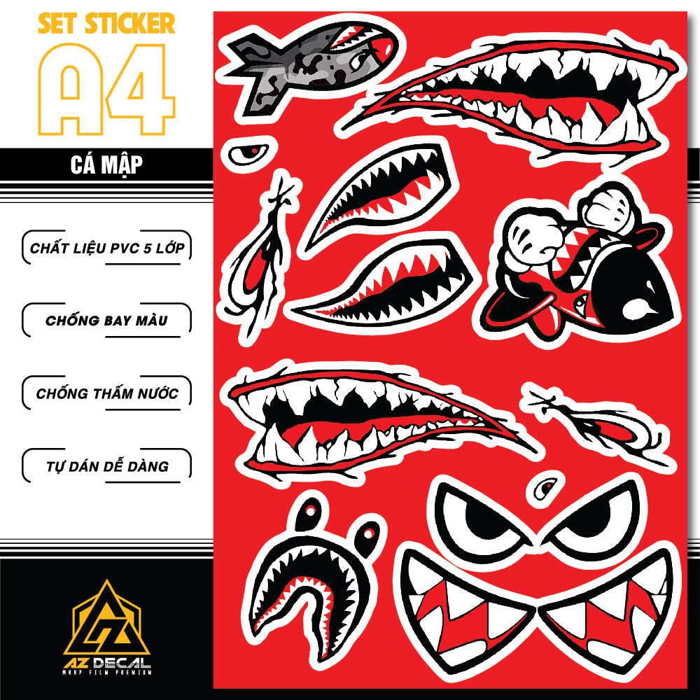 Sticker Dán Ô Tô, Xe Máy, Xe Điện, Xe Đạp, Mũ Bảo Hiểm | SET CÁ MẬP ĐỎ