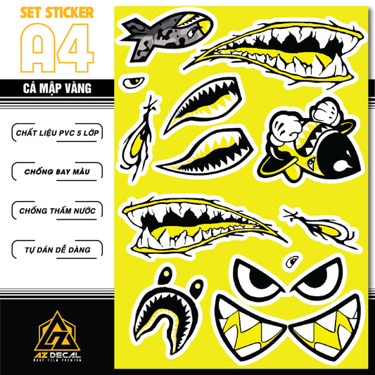 Sticker Dán Ô Tô, Xe Máy, Xe Điện, Xe Đạp, Mũ Bảo Hiểm | SET Trang Trí CÁ MẬP VÀNG