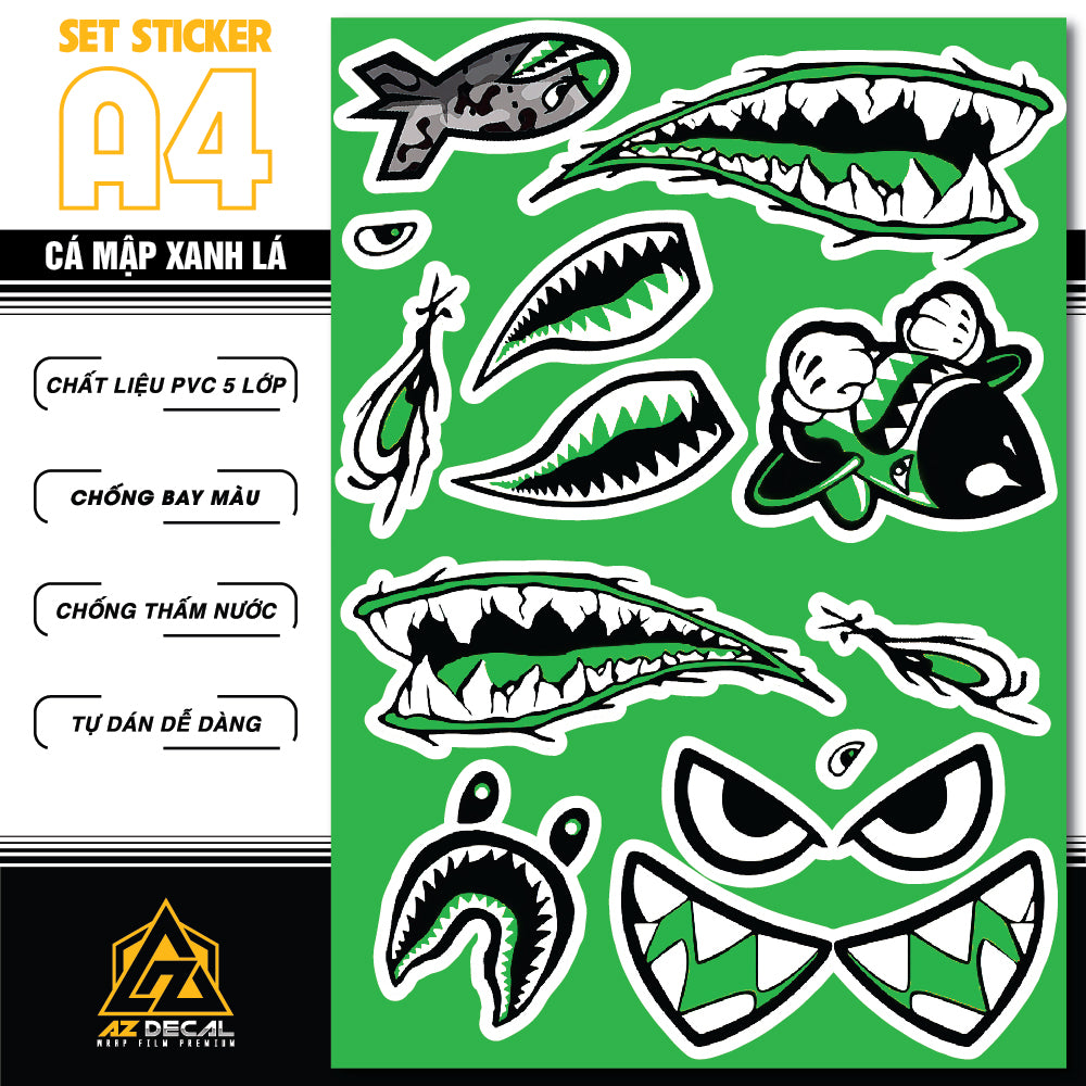 Sticker Dán Ô Tô, Xe Máy, Xe Điện, Xe Đạp, Mũ Bảo Hiểm | SET Trang Trí CÁ MẬP XANH LÁ