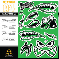Sticker Dán Ô Tô, Xe Máy, Xe Điện, Xe Đạp, Mũ Bảo Hiểm | SET Trang Trí CÁ MẬP XANH LÁ