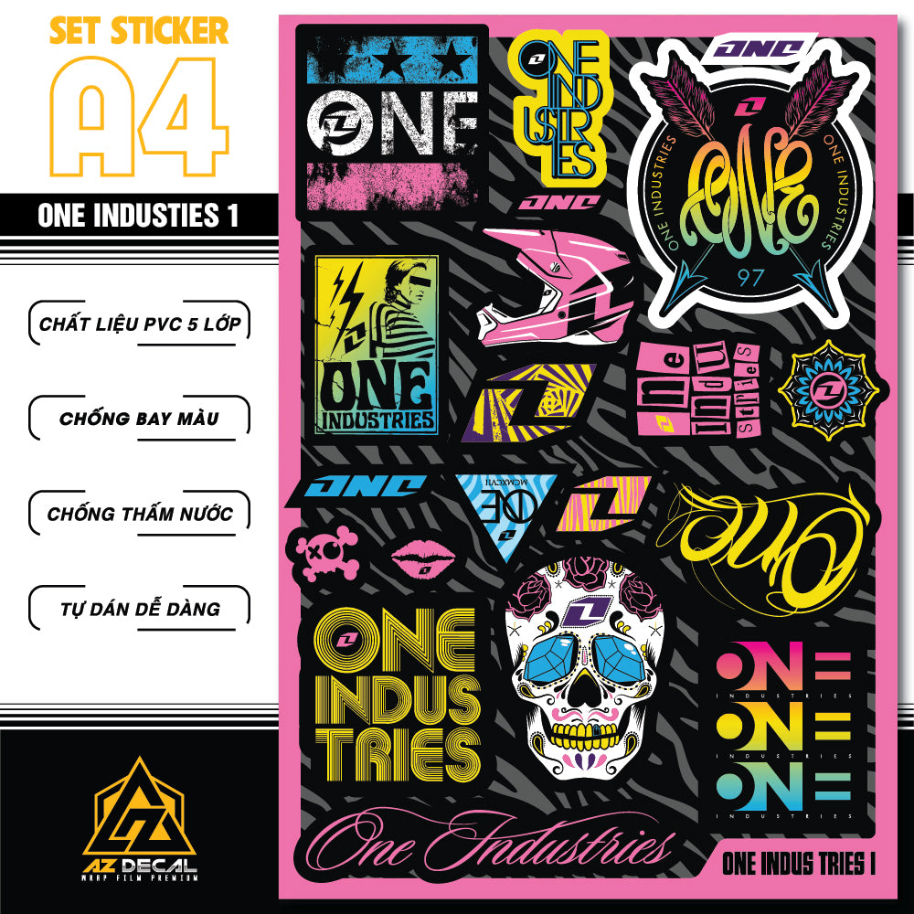 Sticker Dán Ô Tô, Xe Máy, Xe Điện, Xe Đạp, Mũ Bảo Hiểm | SET Trang Trí ONE INDUS TRIES 1