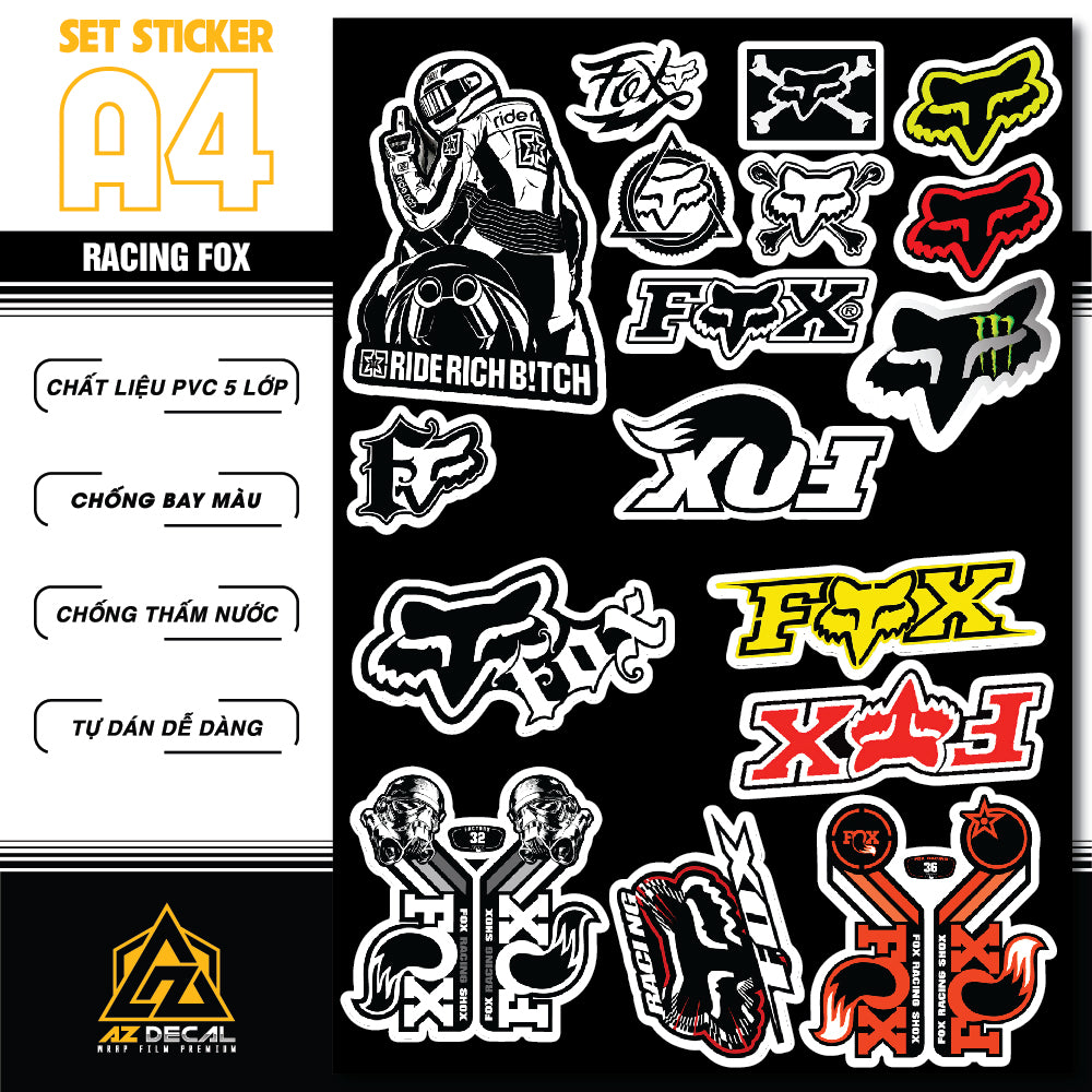Sticker Dán Ô Tô, Xe Máy, Xe Điện, Xe Đạp, Mũ Bảo Hiểm | SET Trang Trí RACING FOX