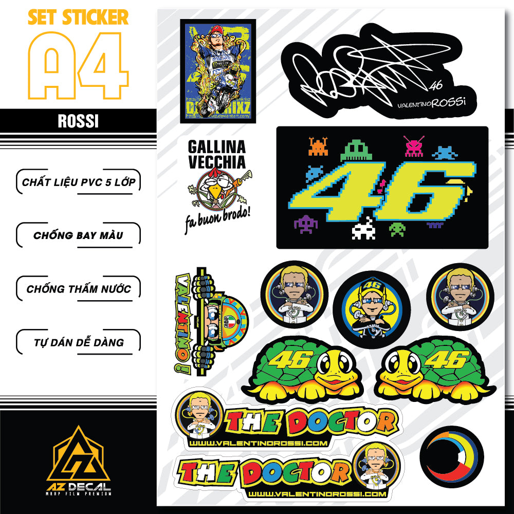 Sticker Dán Ô Tô, Xe Máy, Xe Điện, Xe Đạp, Mũ Bảo Hiểm | SET Trang Trí ROSSI