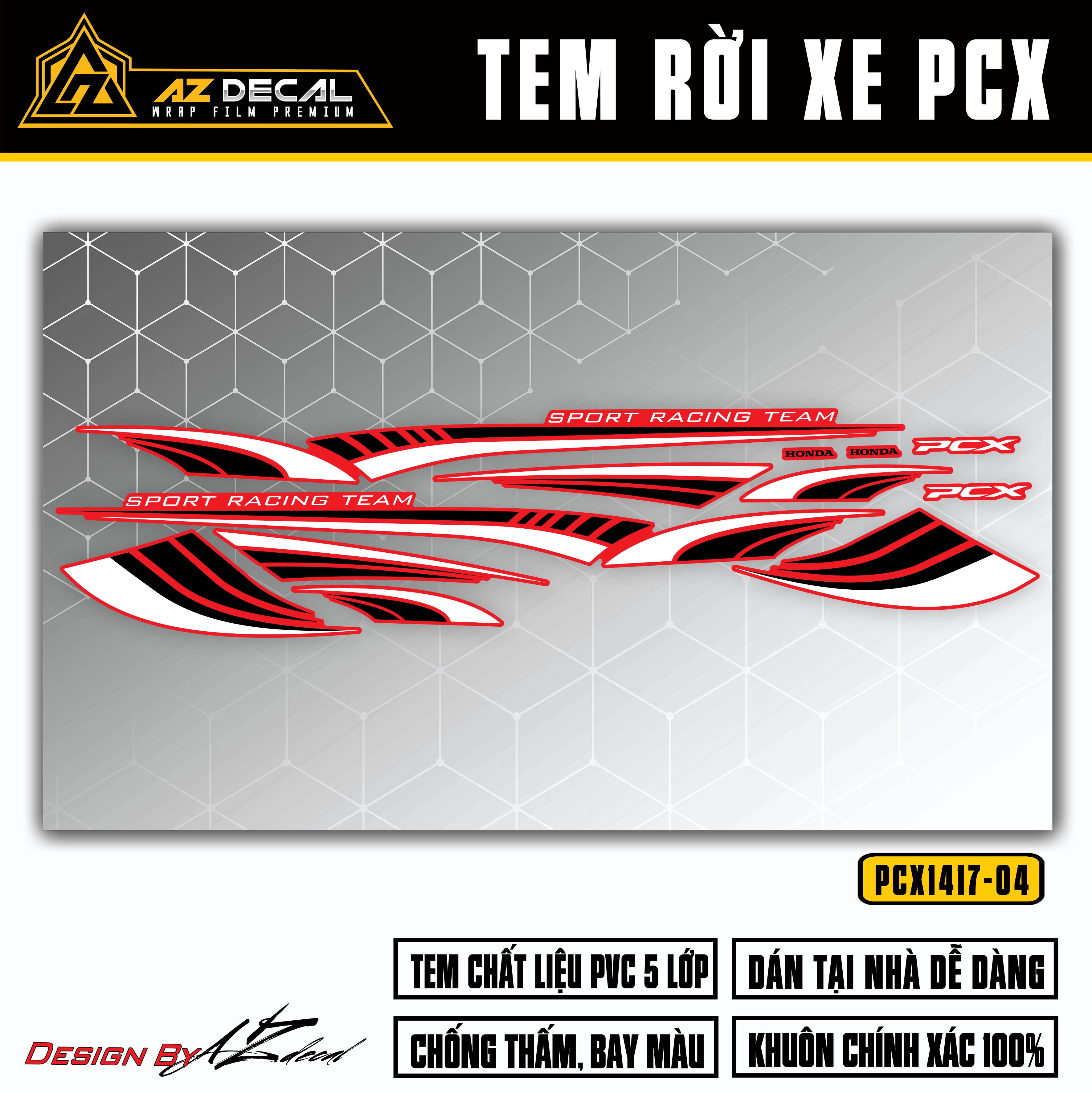 Dán decal xe PCX 150 125 mẫu Sport Racing đen trắng đỏ