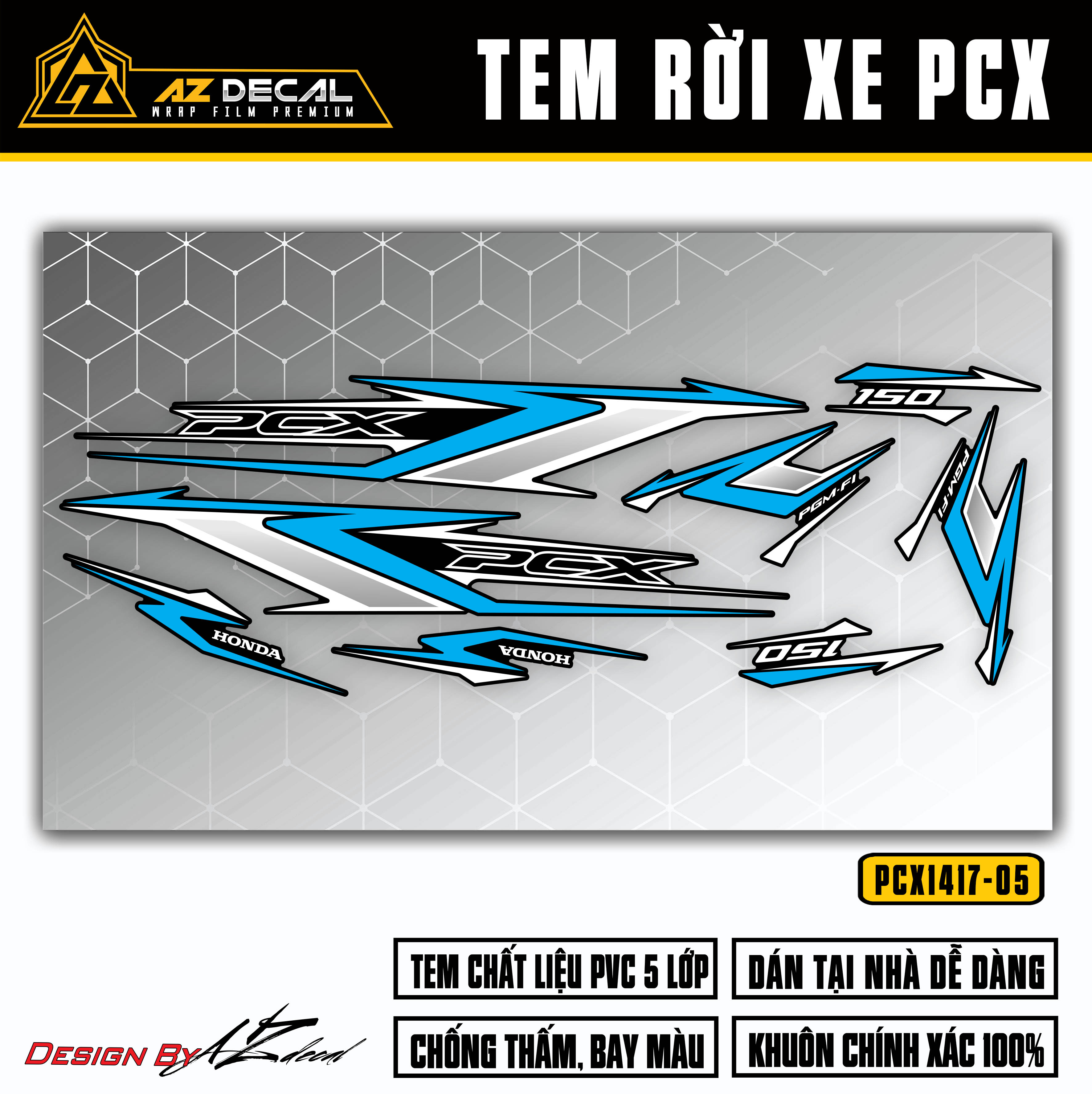 Chi tiết mẫu decal dán xe PCX xanh trắng (nền đen)