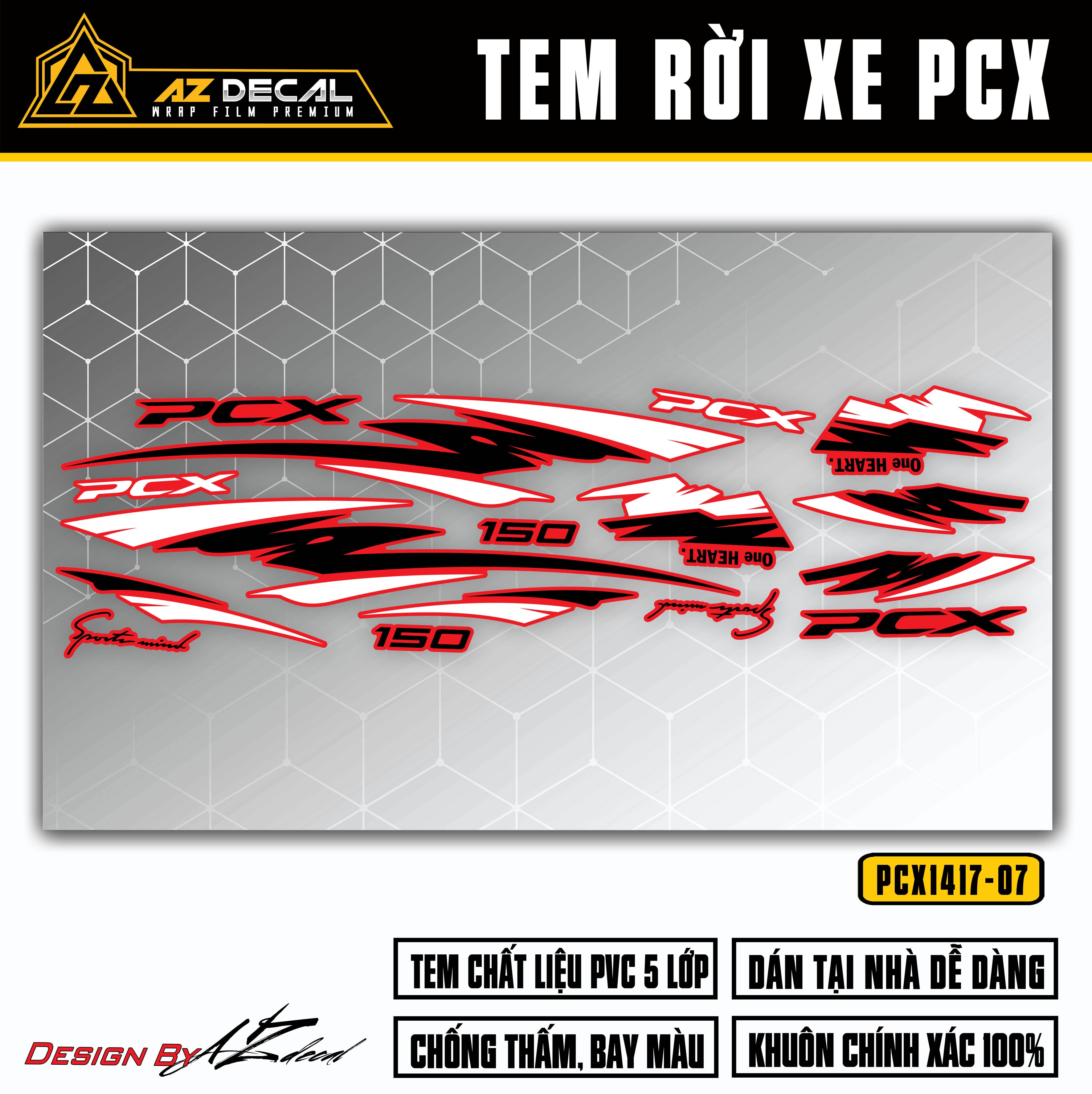 Chi tiết mẫu tem xe PCX 2014 - 2020 màu đen trắng (nền đỏ)