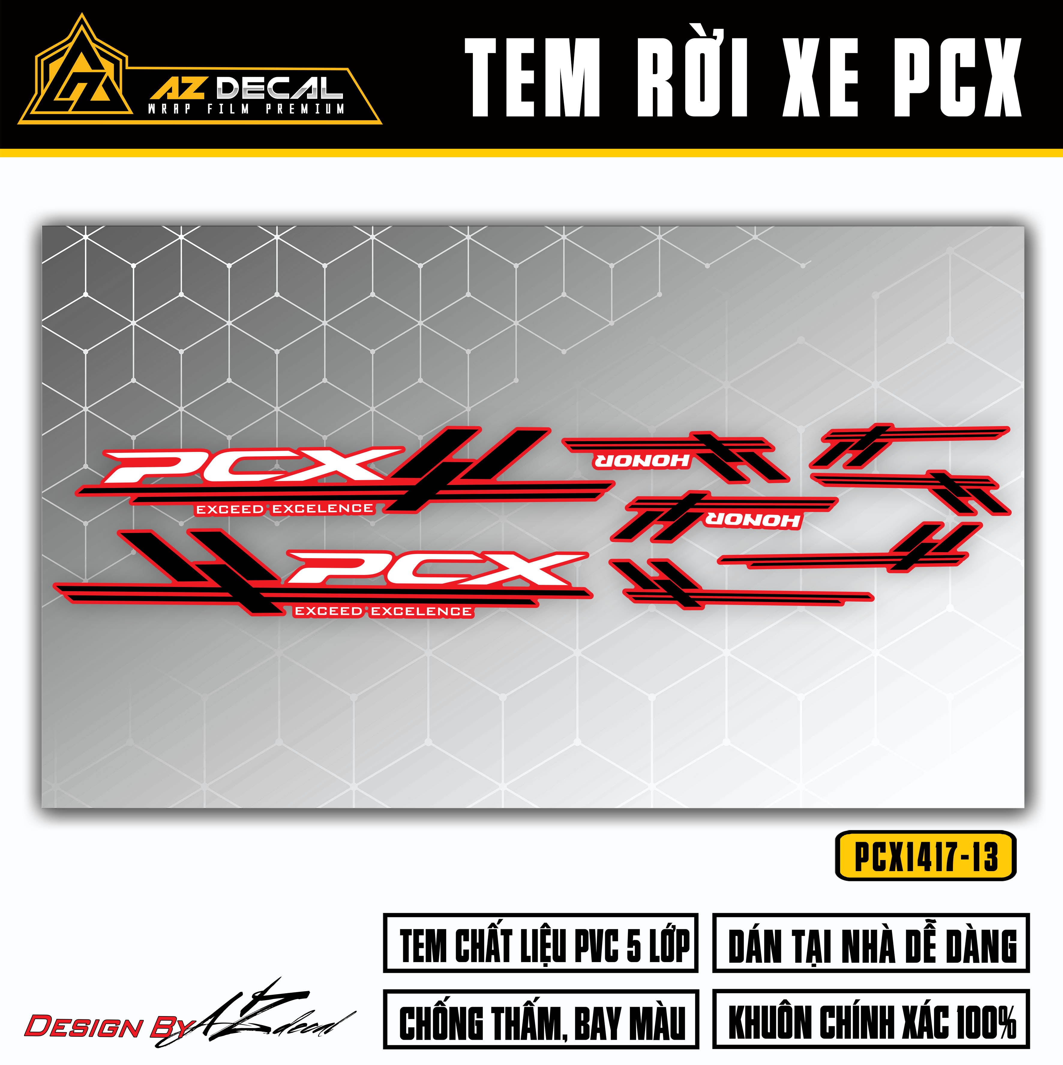 Mẫu tem rời dán xe PCX màu đen trắng (nền đỏ)