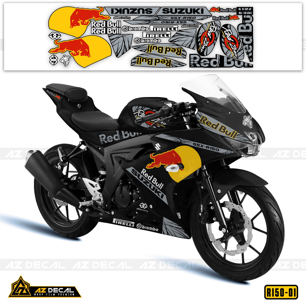 Tem dán xe GSX-R150 mẫu Red Bull cho xe đen