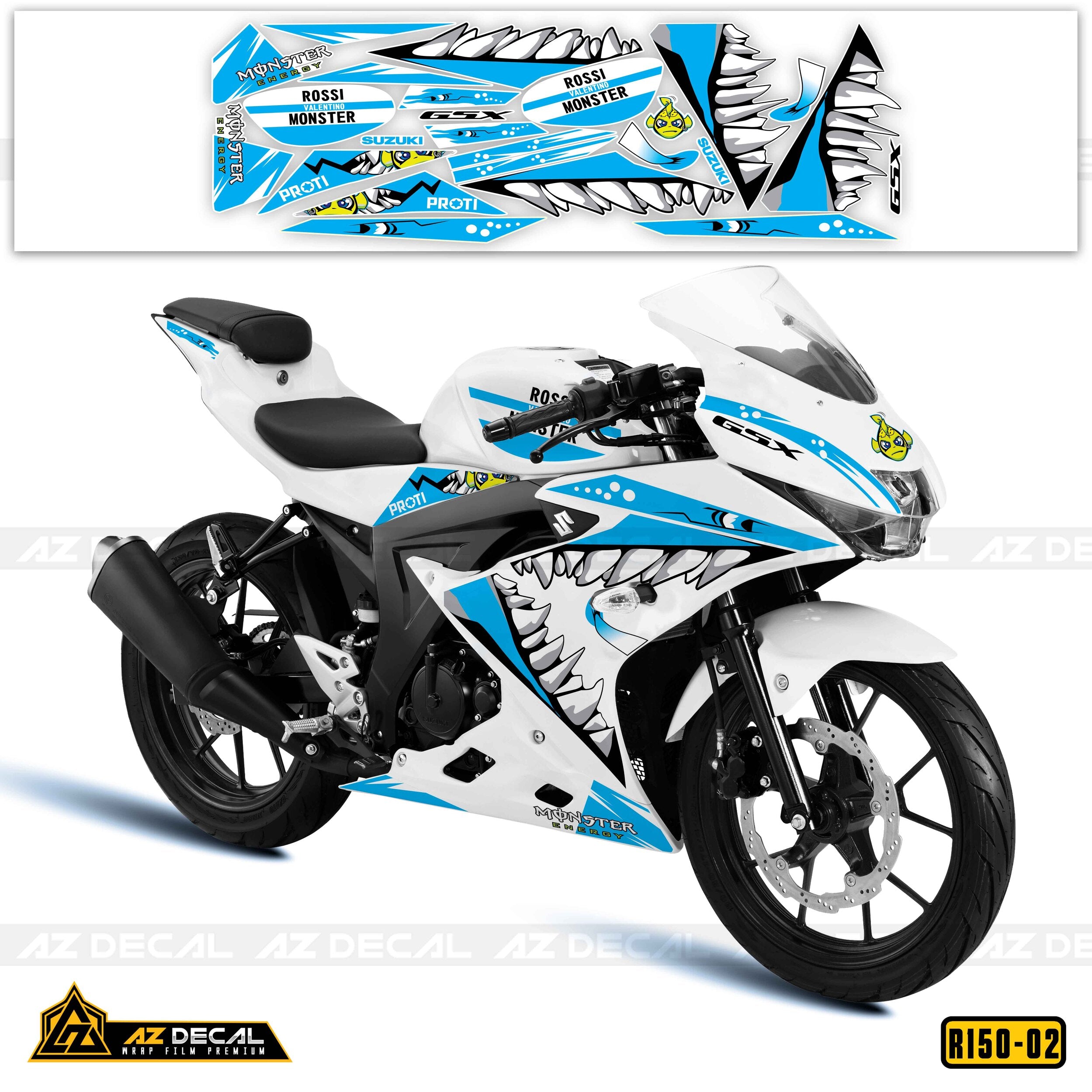 Decal xe GSX R150 mẫu Cá Mập Xanh Trắng