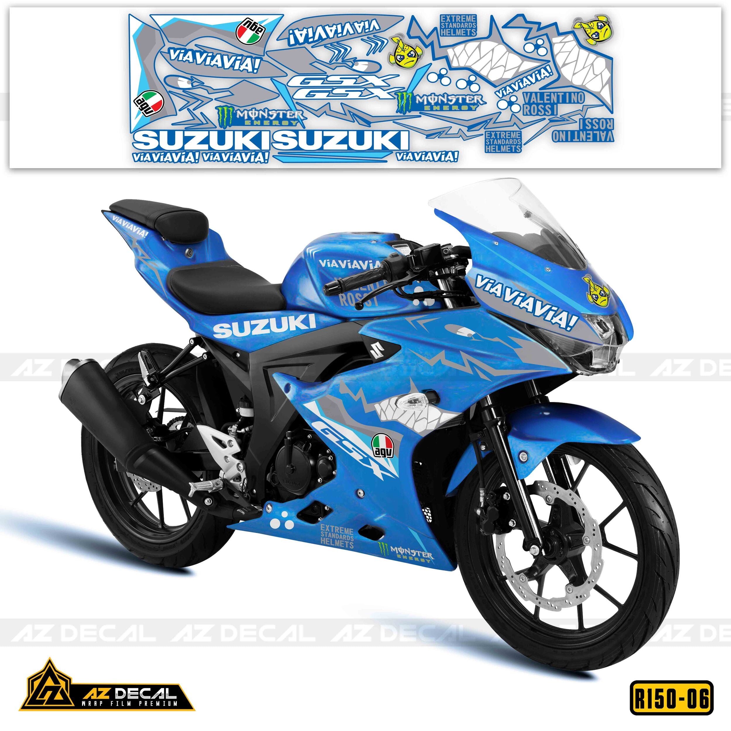 Tem dán xe GSX R150 đẹp mẫu Cá Mập cho xe sơn xanh