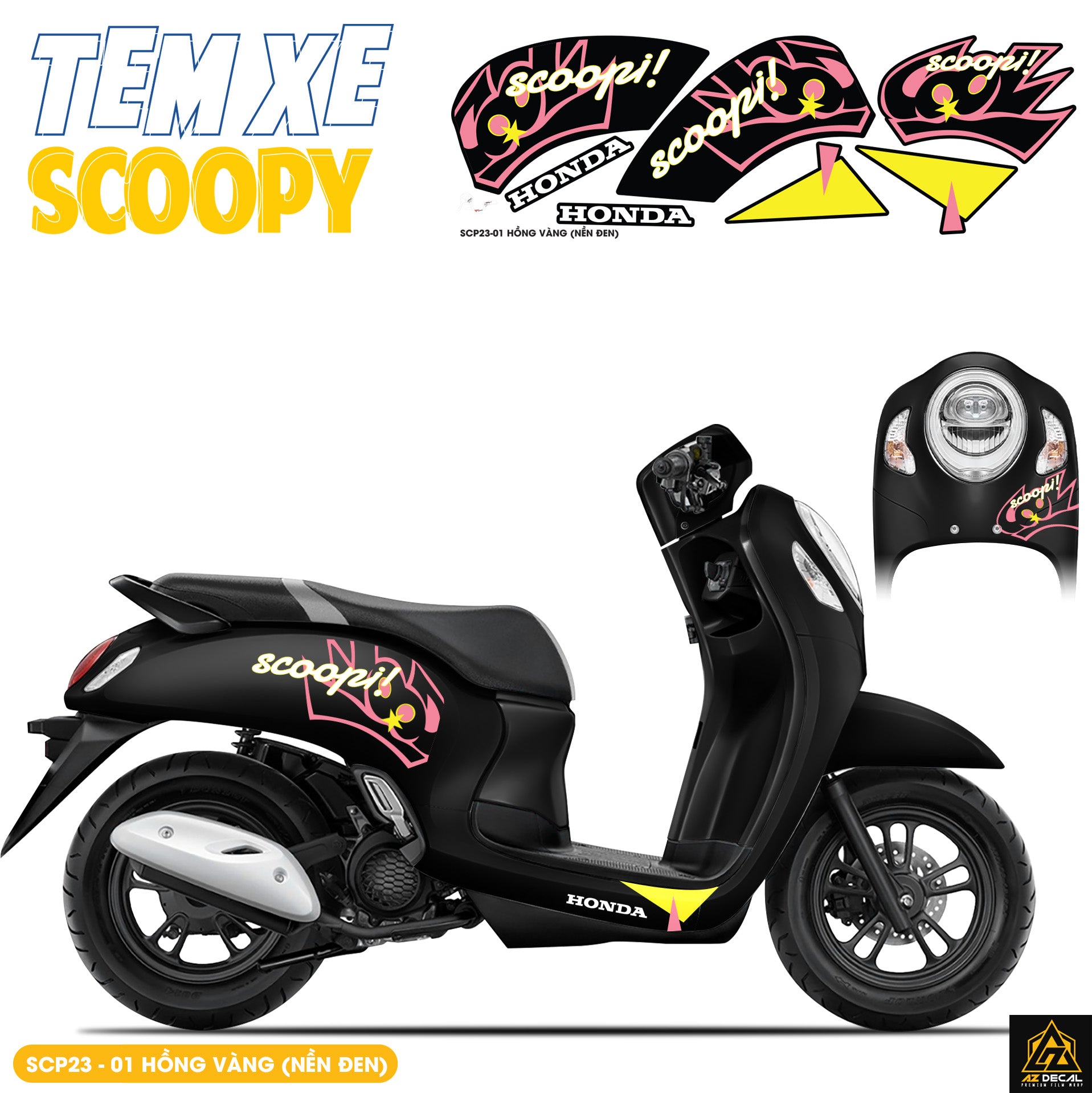 Tem Xe Scoopy Thiết Kế Chữ Scoopi màu hồng vàng