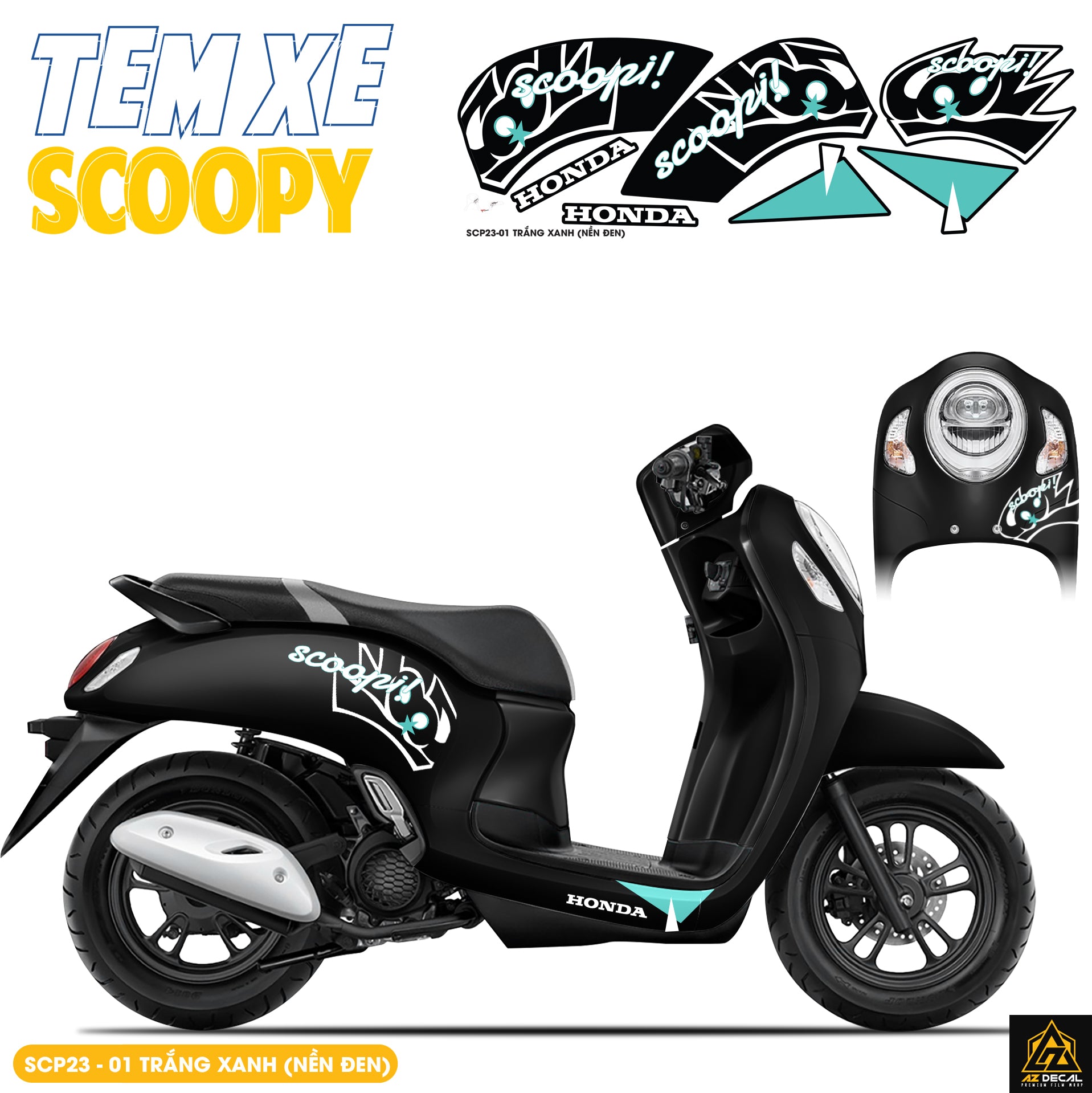 Tem Xe Scoopy Thiết Kế Chữ Scoopi màu trắng xanh