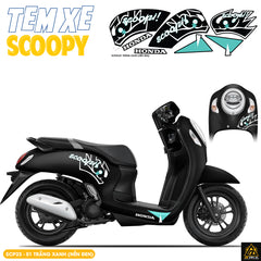 Tem Xe Scoopy Thiết Kế Chữ Scoopi màu trắng xanh