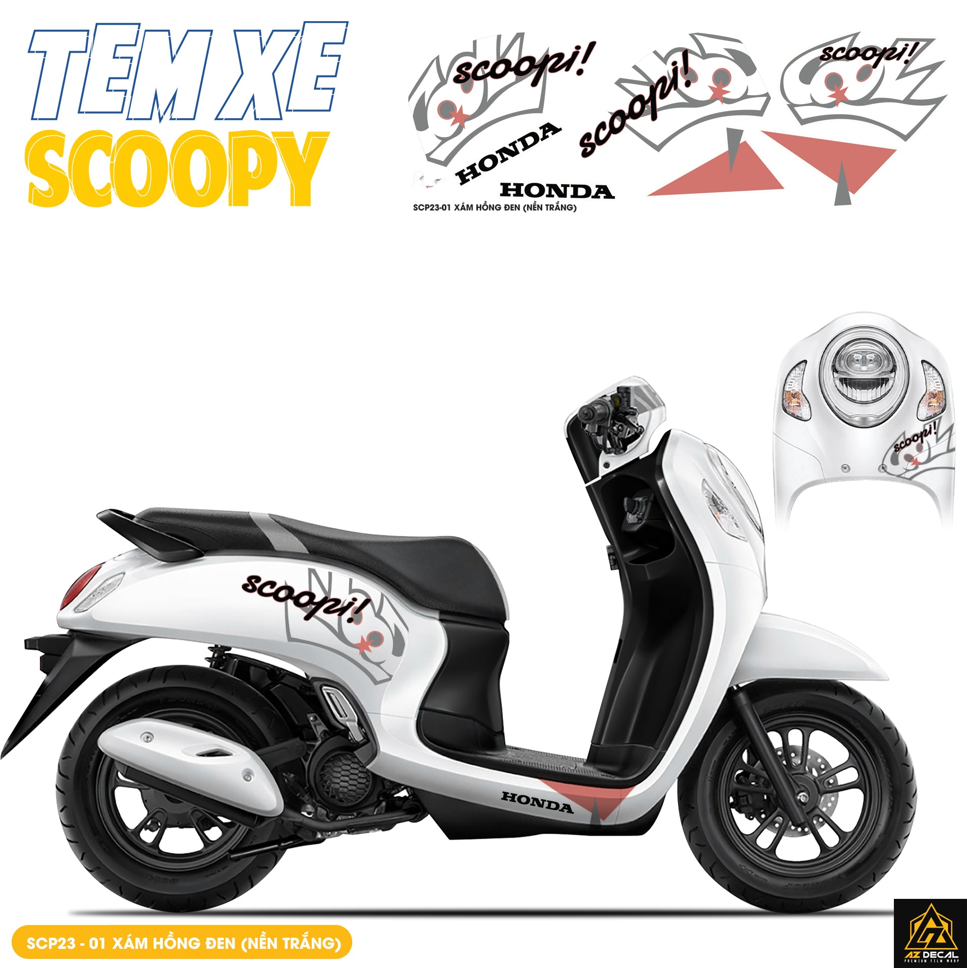 Tem Xe Scoopy Thiết Kế Chữ Scoopi màu xám hồng đen