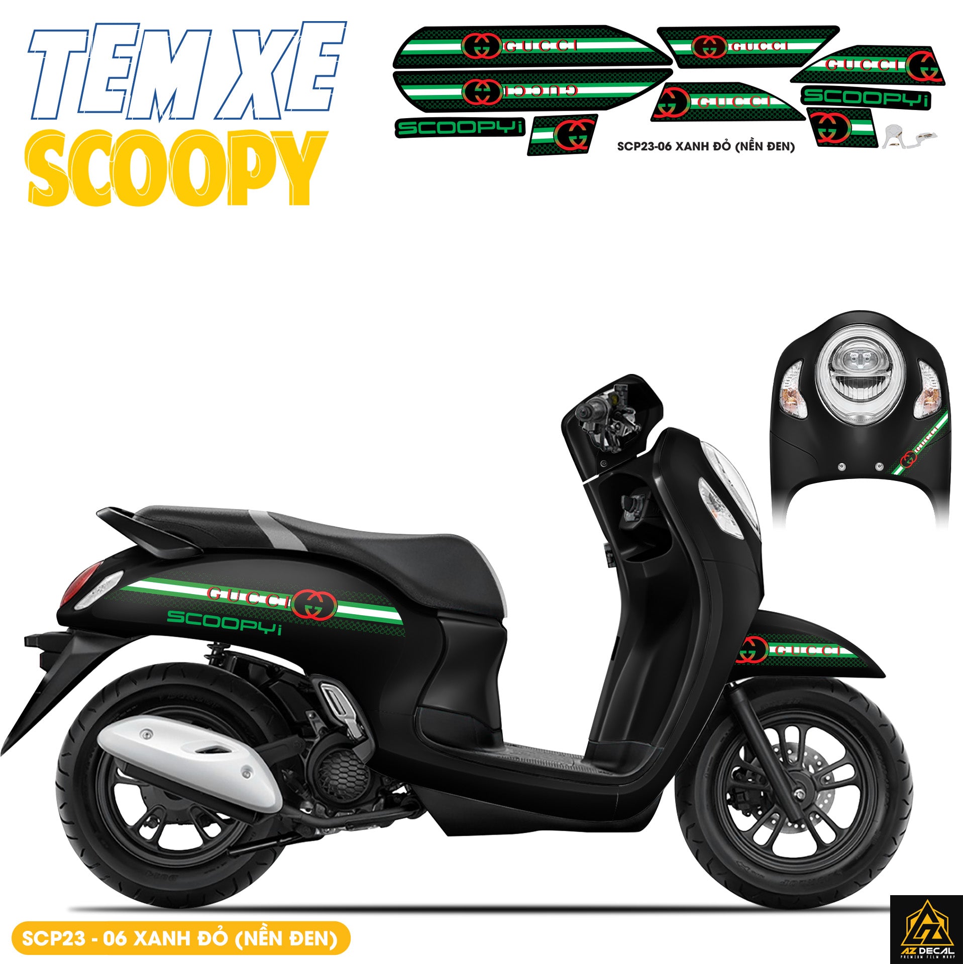 Tem Xe Scoopy Phong Cách Gucci màu xanh đỏ