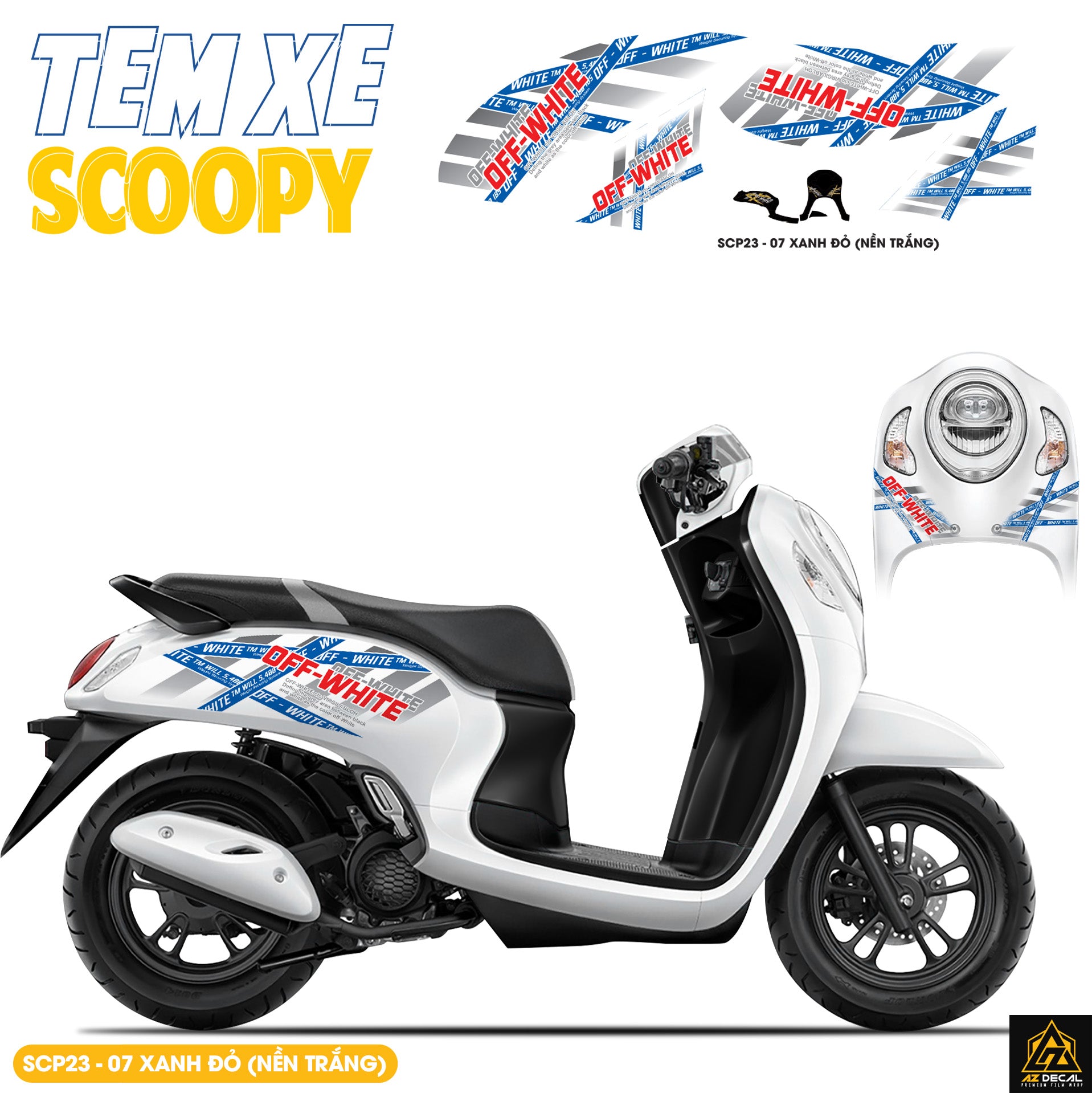 Tem Xe Scoopy Thiết Kế Off White màu xanh đỏ