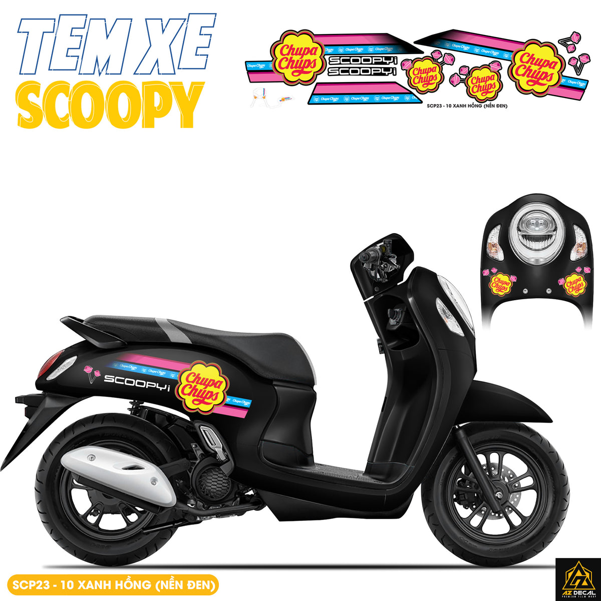 Tem Xe Scoopy Thiết Kế Chupa Chups màu xanh hồng