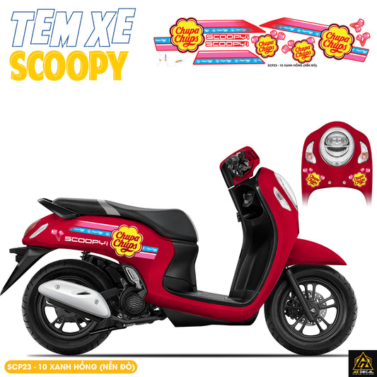 Tem Xe Scoopy Thiết Kế Chupa Chups màu xanh hồng nền đỏ