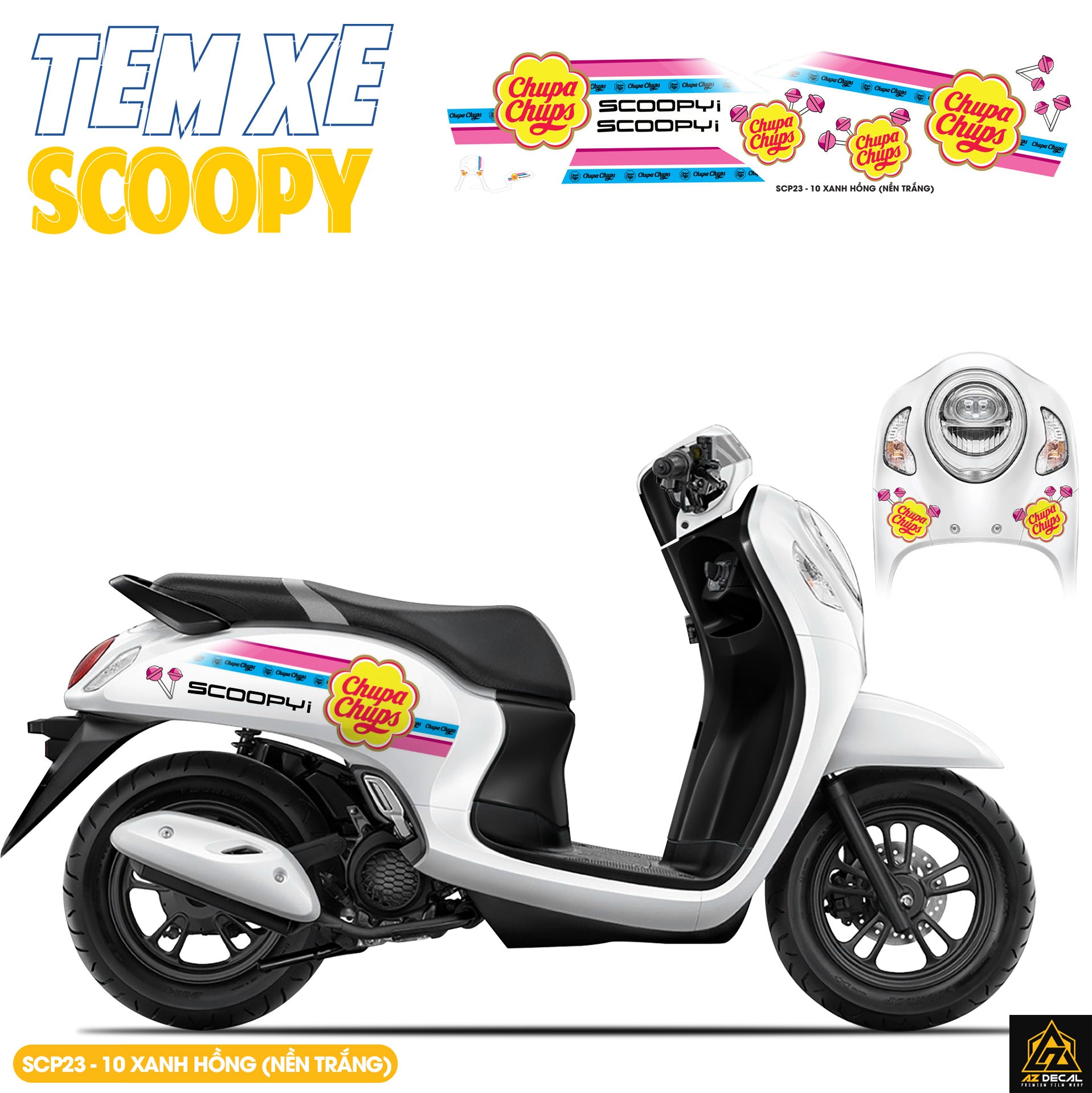 Tem Xe Scoopy Thiết Kế Chupa Chups màu xanh hồng nền trắng