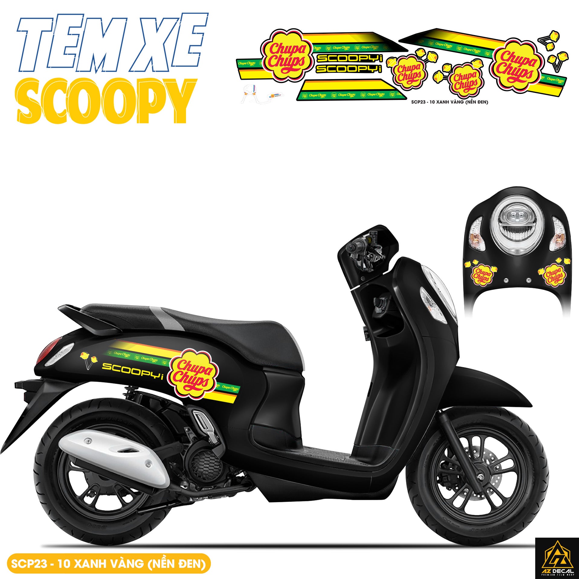 Tem Xe Scoopy Thiết Kế Chupa Chups màu xanh vàng