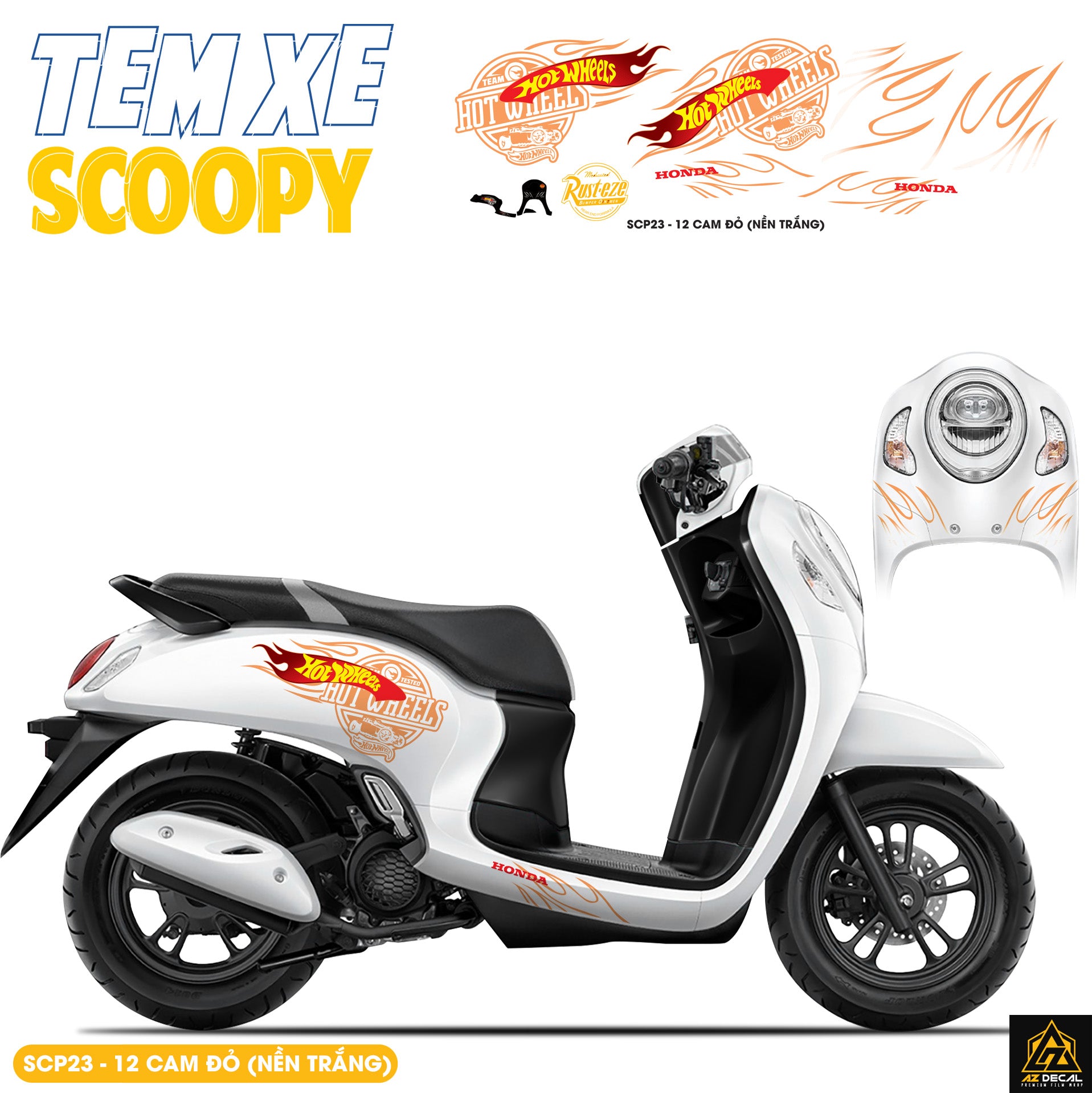 Tem Xe Scoopy Phong Cách Hot Wheel màu cam đỏ