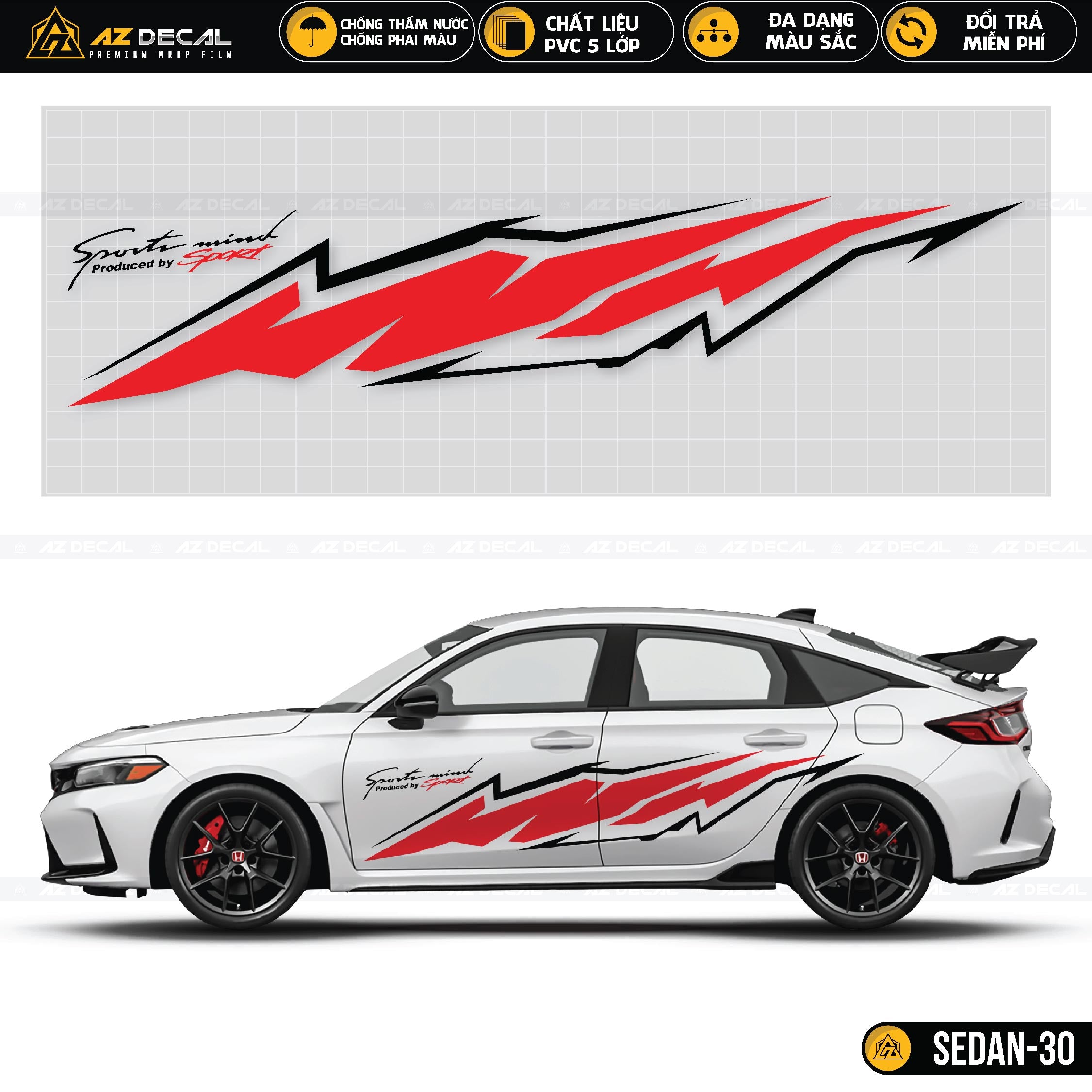 Decal dán xe ô tô Sedan trắng đỏ đẹp