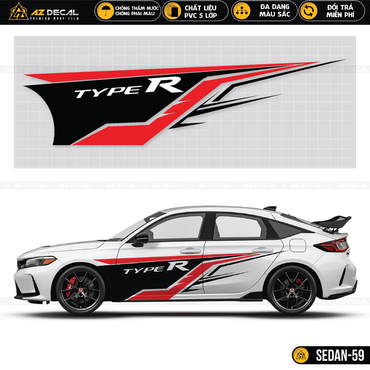 Tem dán sườn xe Sedan trắng chủ để type R