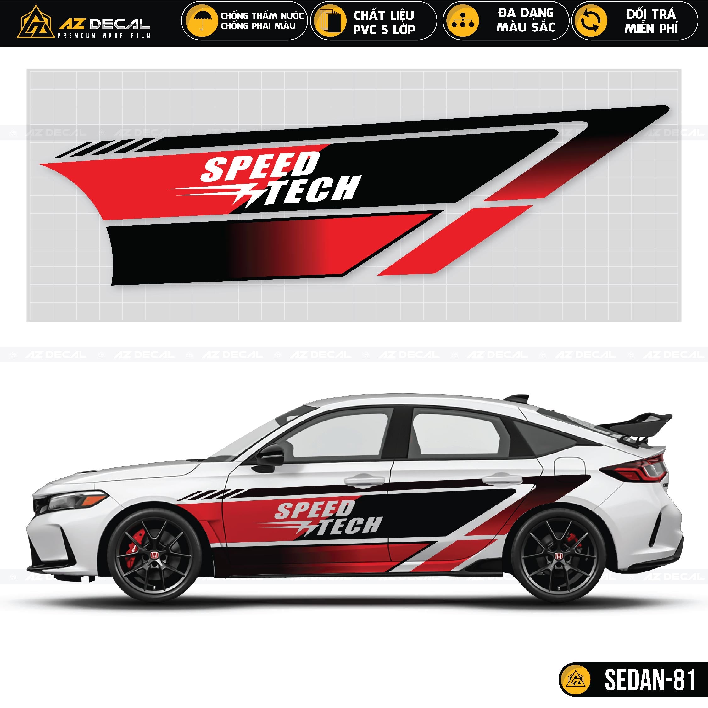 Decal speed tech đỏ đen dán sườn xe ô tô Sedan