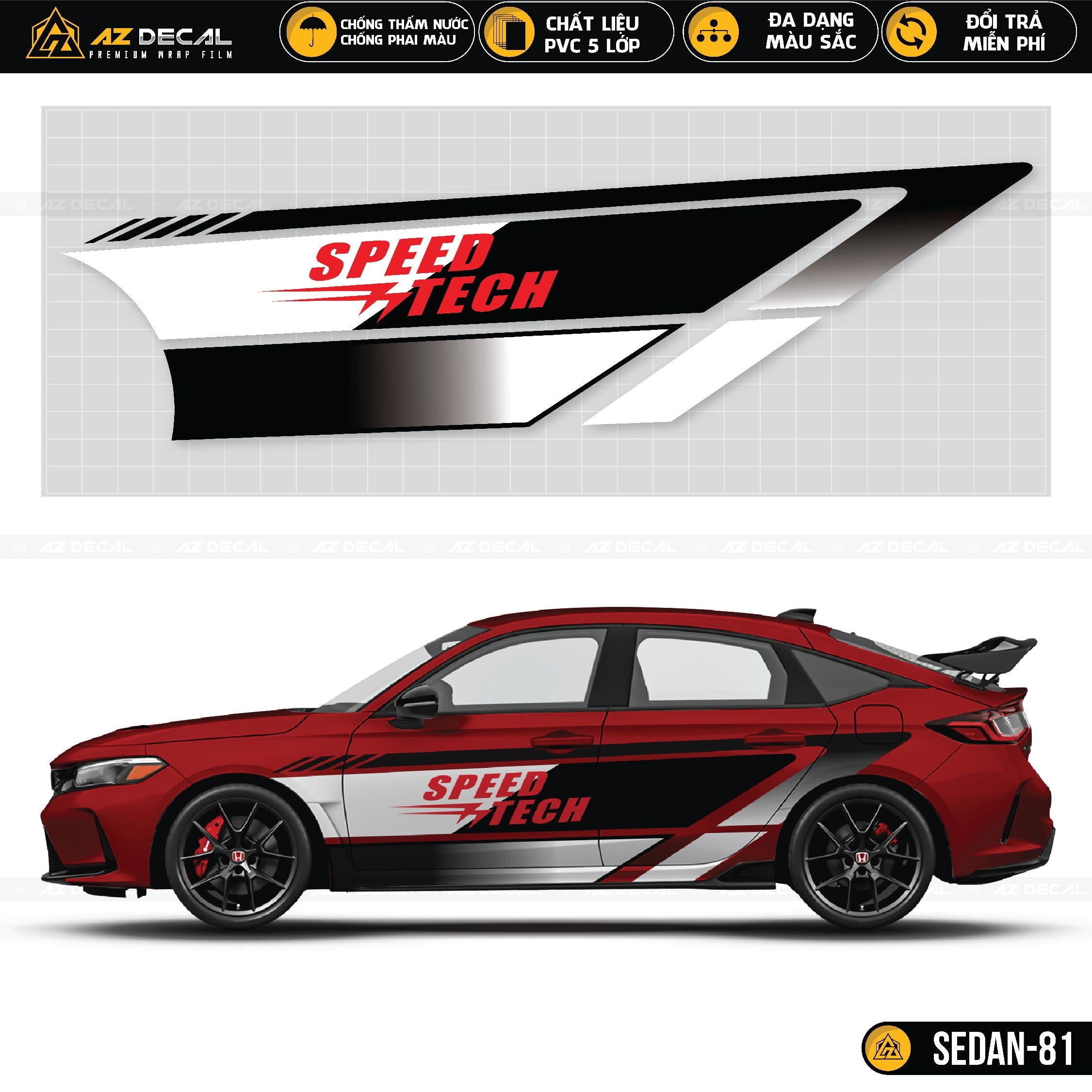 Decal speed tech đen trắng dán sườn xe ô tô Sedan