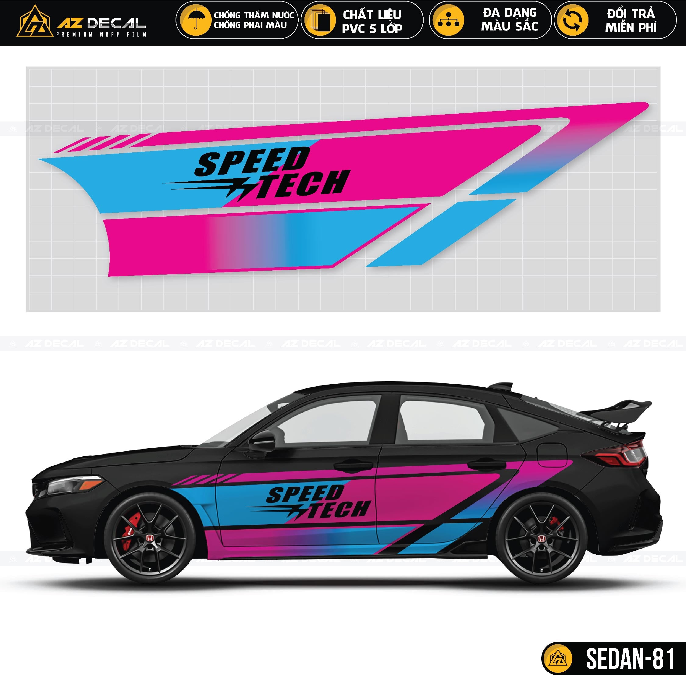 Decal speed tech xanh hồng dán sườn xe ô tô Sedan