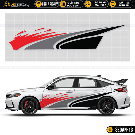 Decal dán xe ô tô Sedan đỏ xám đen dán xe trắng