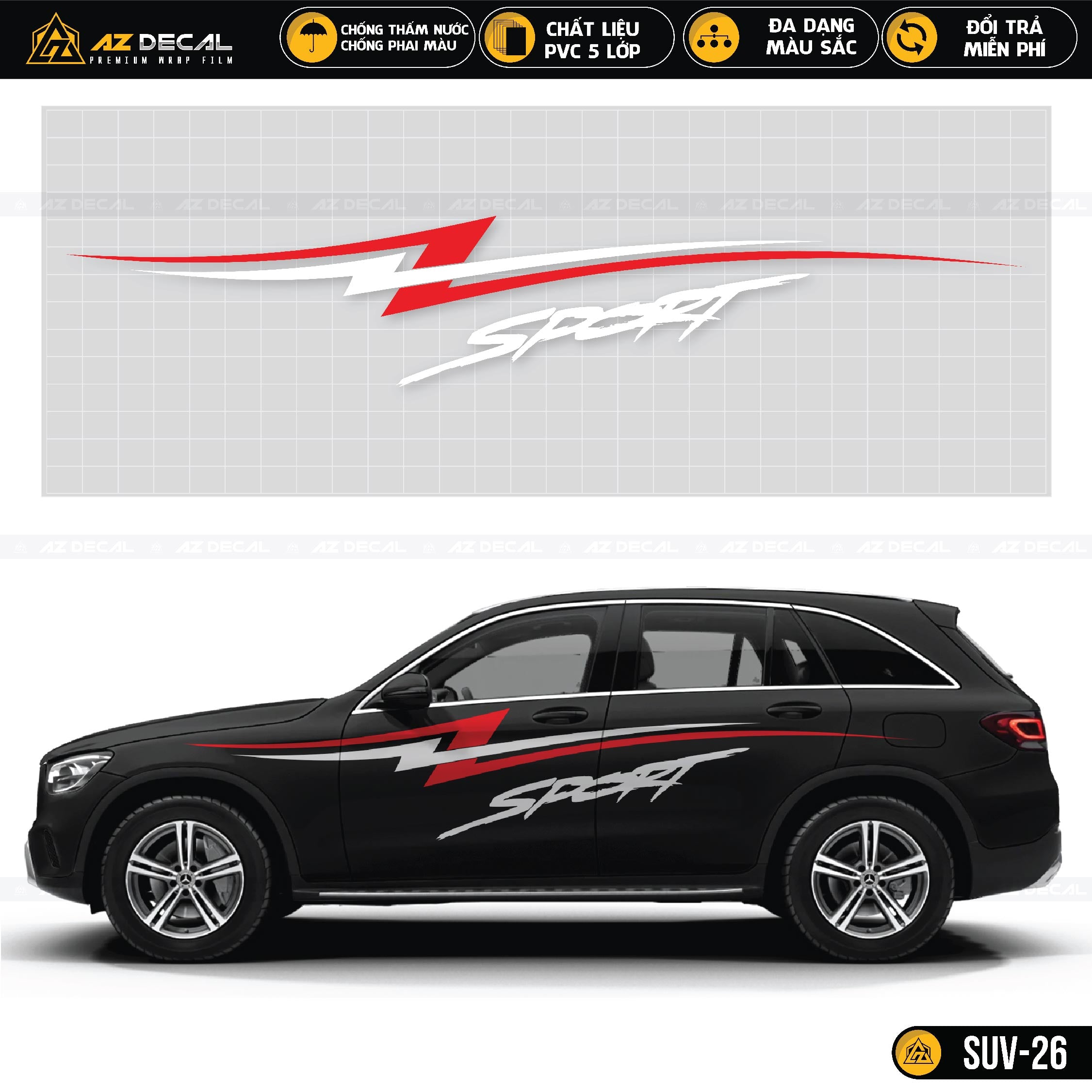 Tem Sport đỏ trắng dán sườn xe SUV